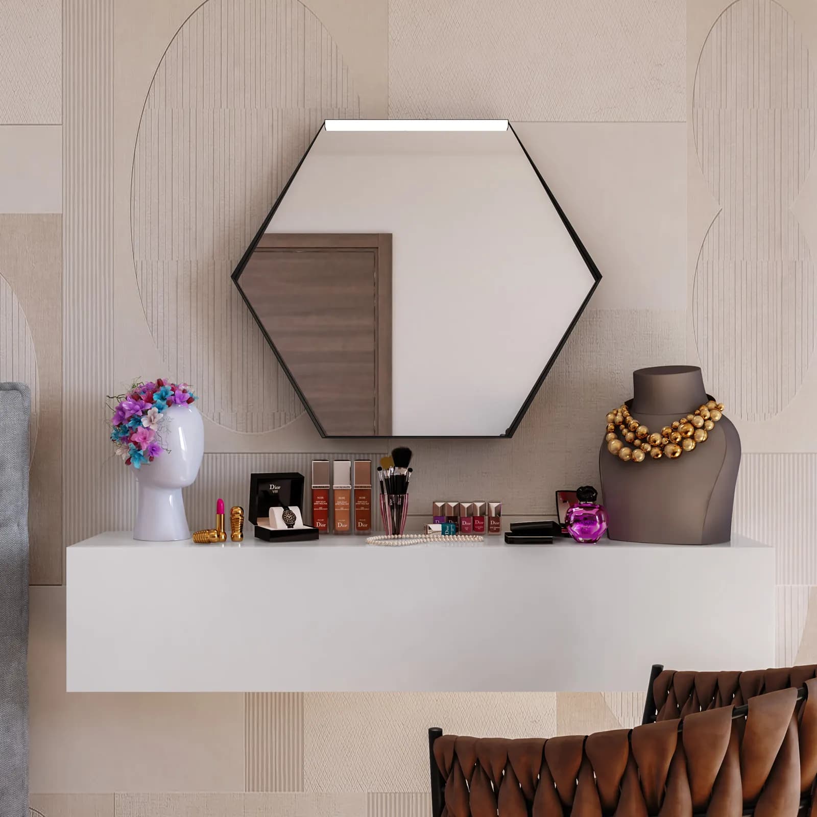 Specchio led da interno esagonale 80x70cm con cornice nera opaca e mensola - Apis