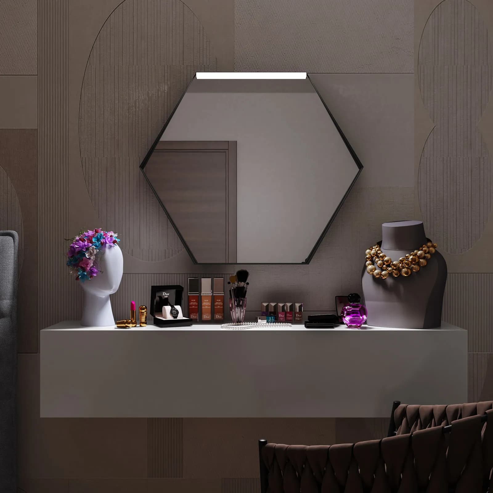 Specchio led da interno esagonale 80x70cm con cornice nera opaca e mensola - Apis