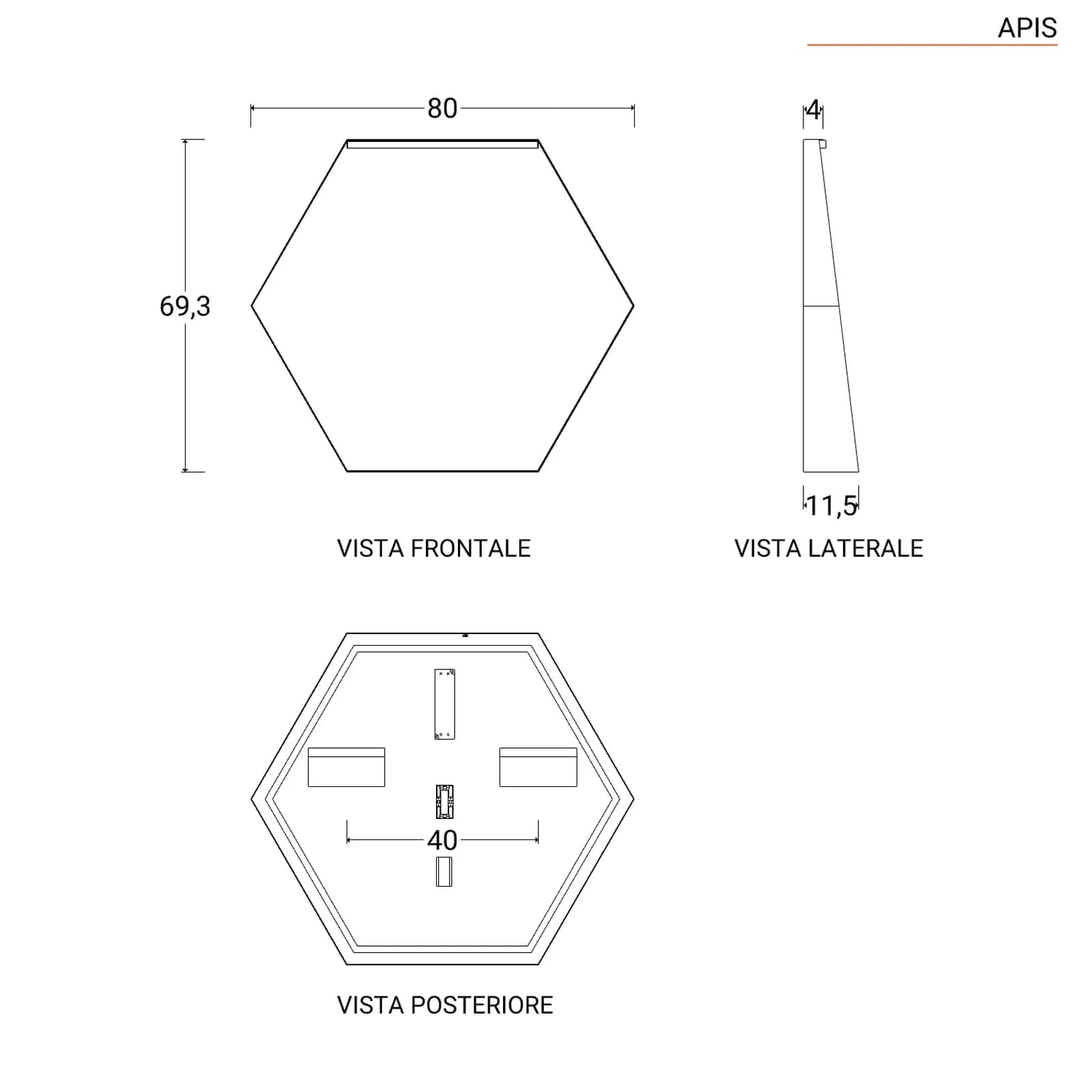 Specchio led da interno esagonale 80x70cm con cornice nera opaca e mensola - Apis
