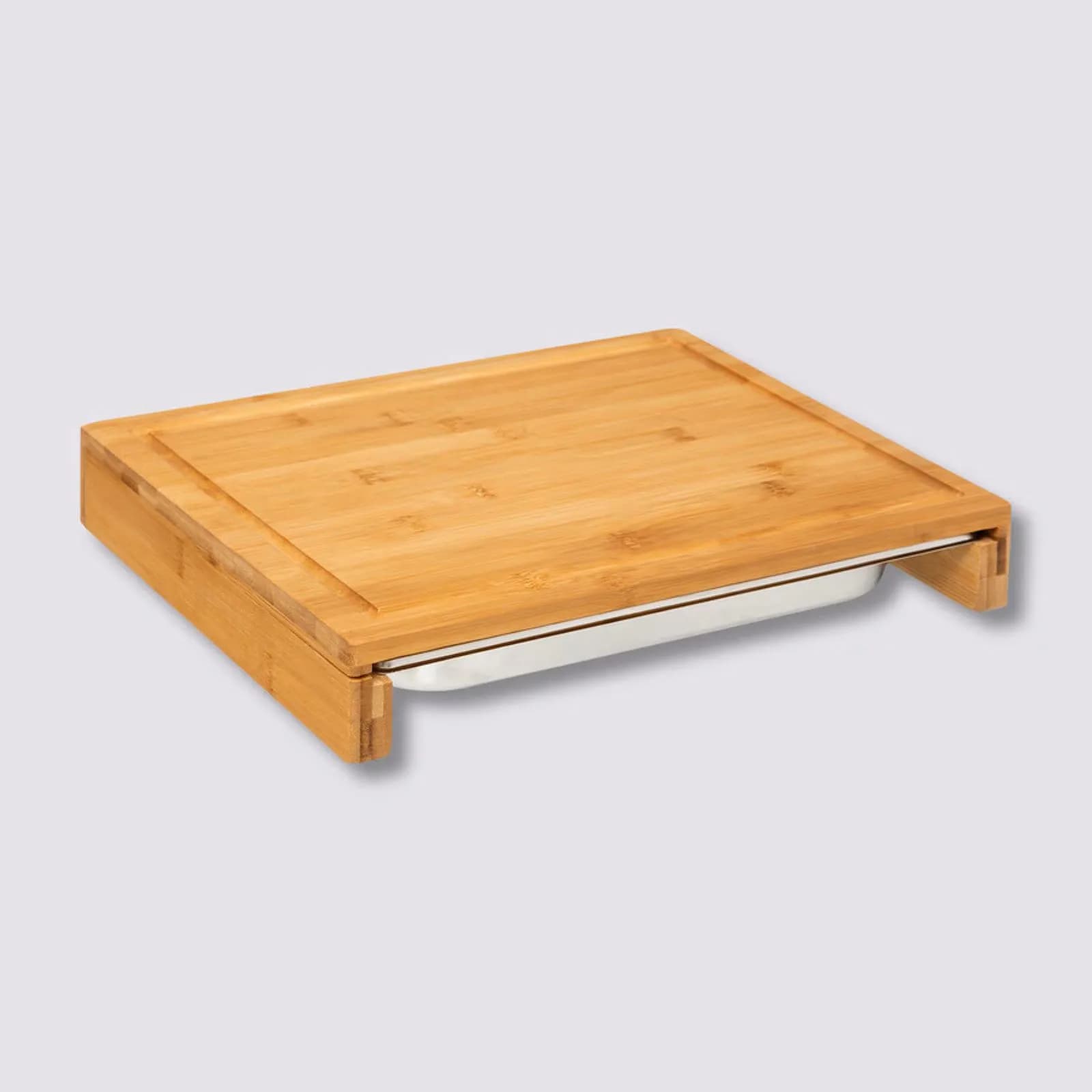 Tagliere 35x28 cm in bambù naturale con contenitore in acciaio inox cromo