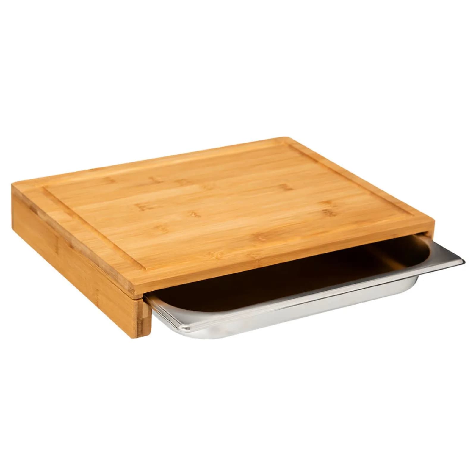 Tagliere 35x28 cm in bambù naturale con contenitore in acciaio inox cromo