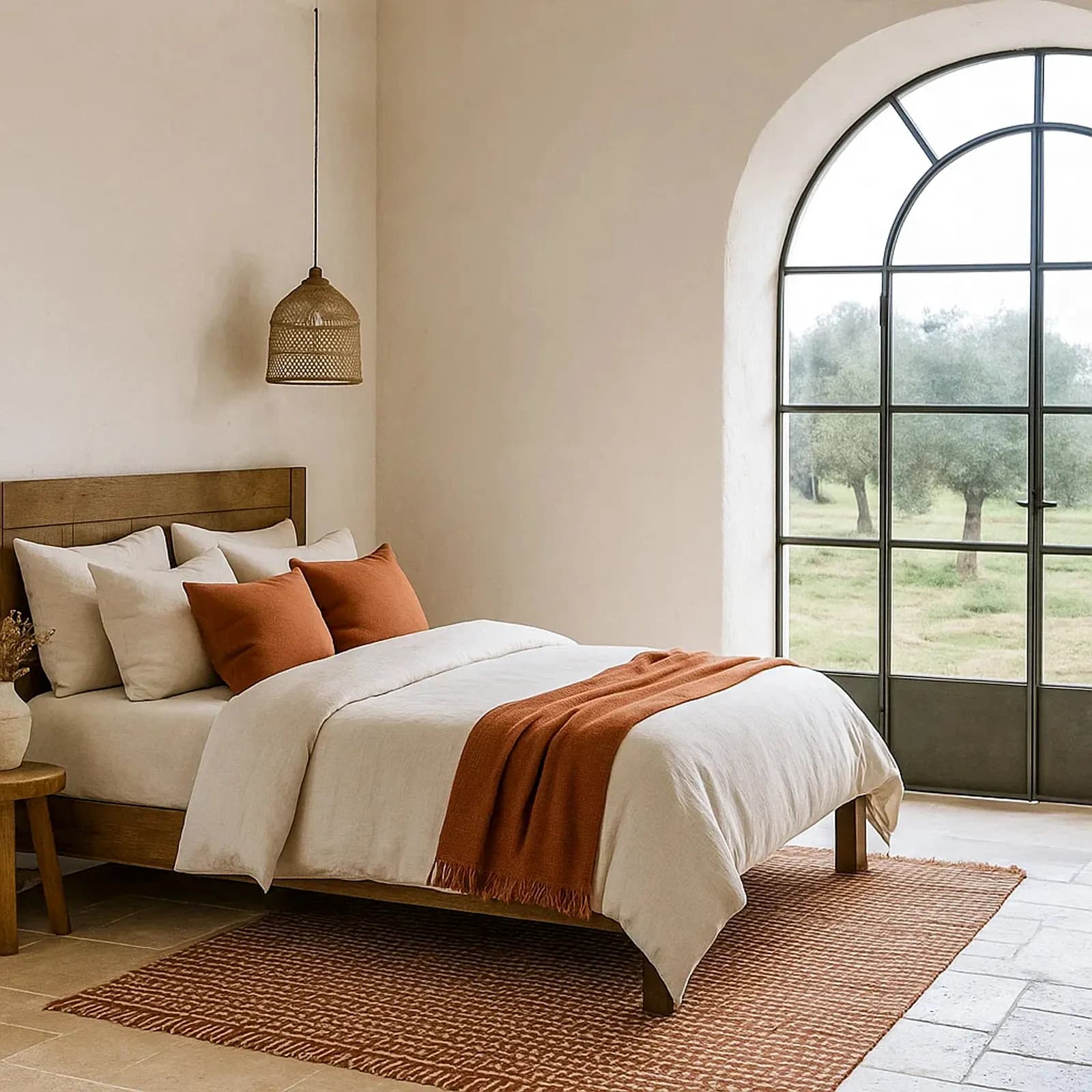 Tappeto 120x180 cm in cotone terracotta e bianco con frange e intreccio