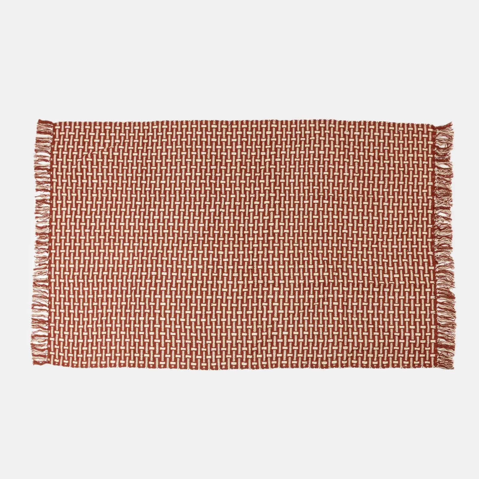 Tappeto 120x180 cm in cotone terracotta e bianco con frange e intreccio
