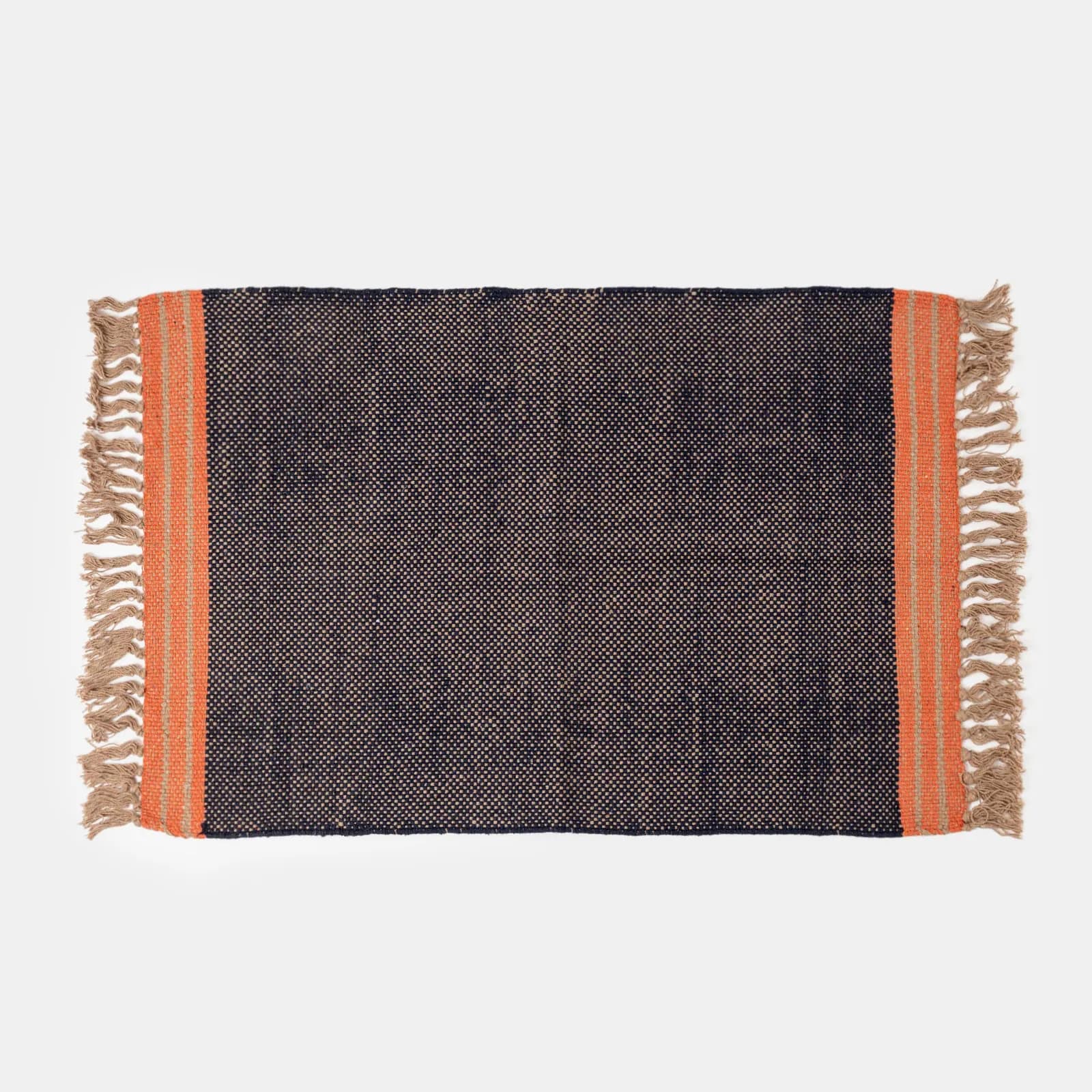 Tappeto 60x90 cm in cotone blu scuro e arancione con frange