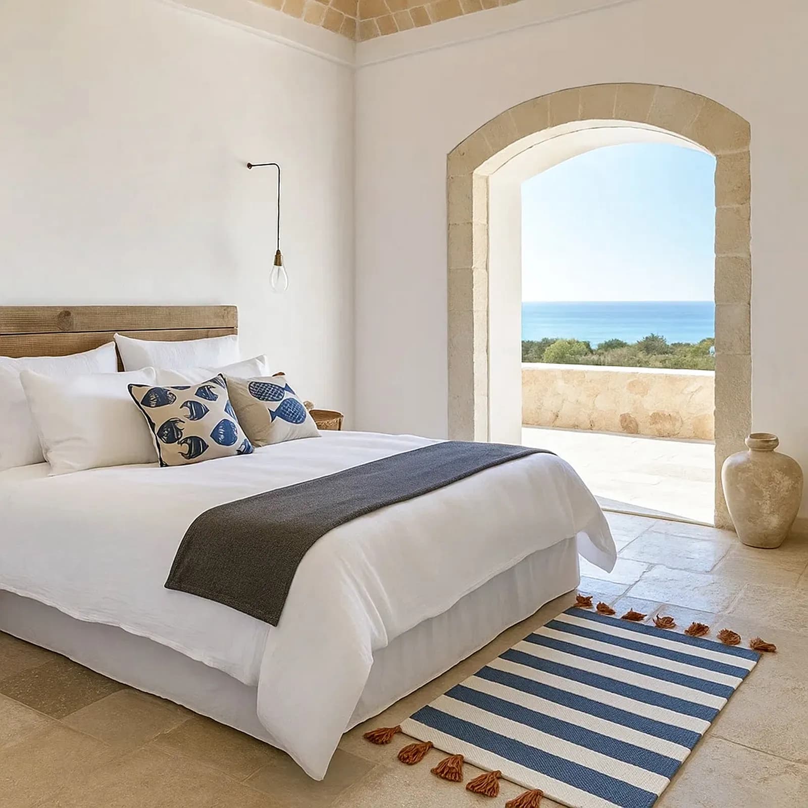 Tappeto 60x90 cm in cotone blu e bianco a strisce con nappine senape