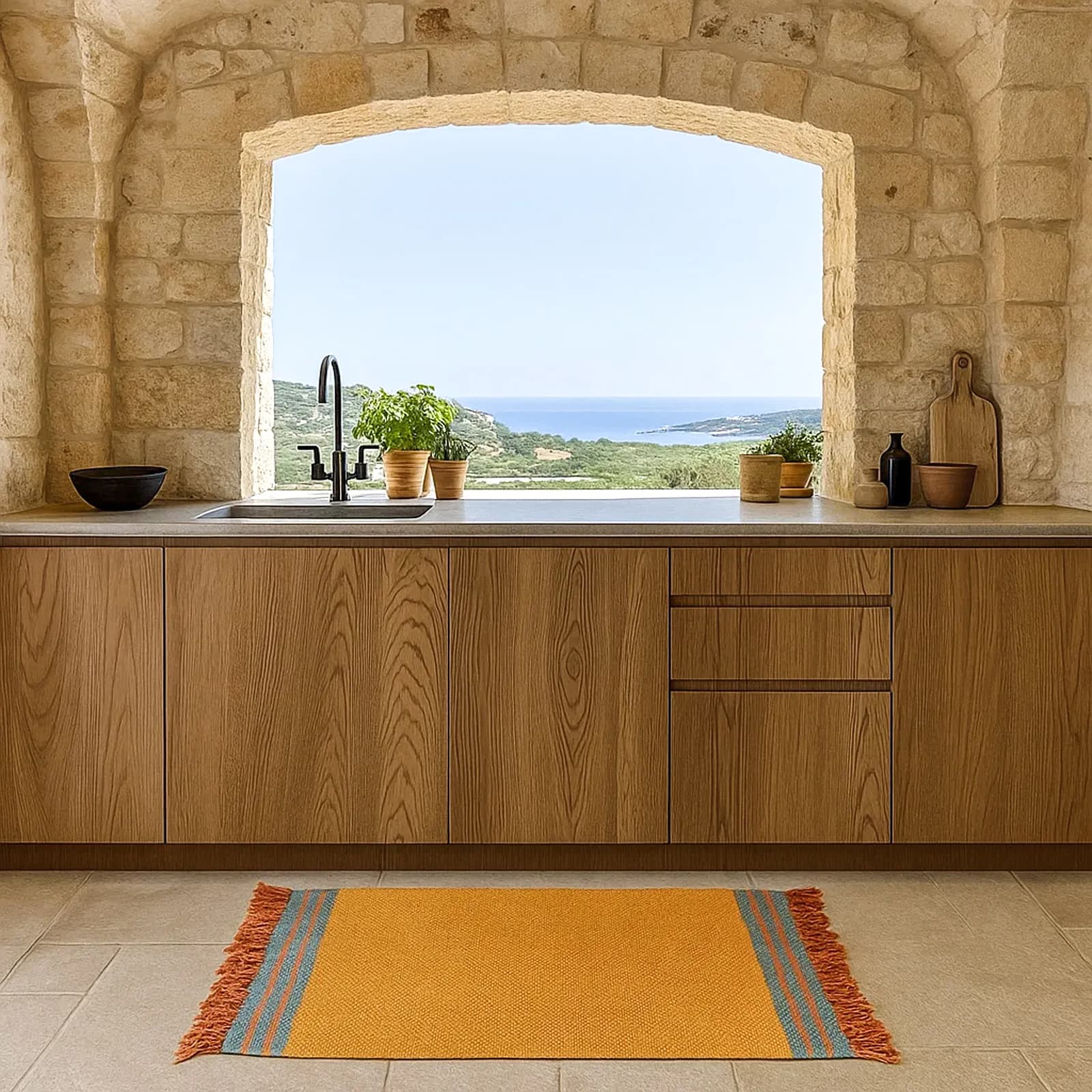 Tappeto 60x90 cm in cotone senape con frange