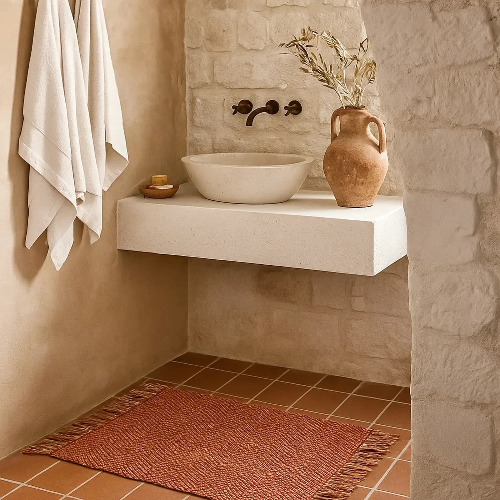 Tappeto 60x90 cm in cotone terracotta con frange