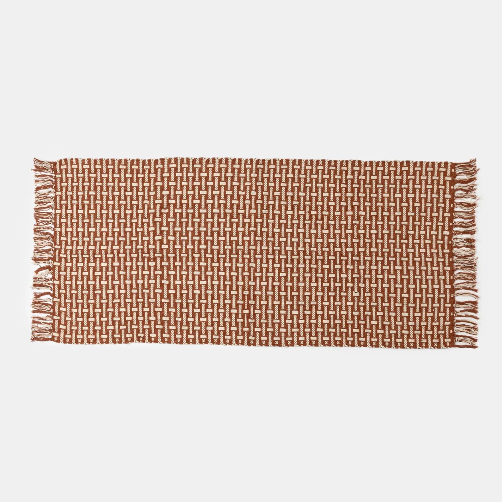 Tappeto 70x140 cm in cotone senape e bianco intrecciato con frange