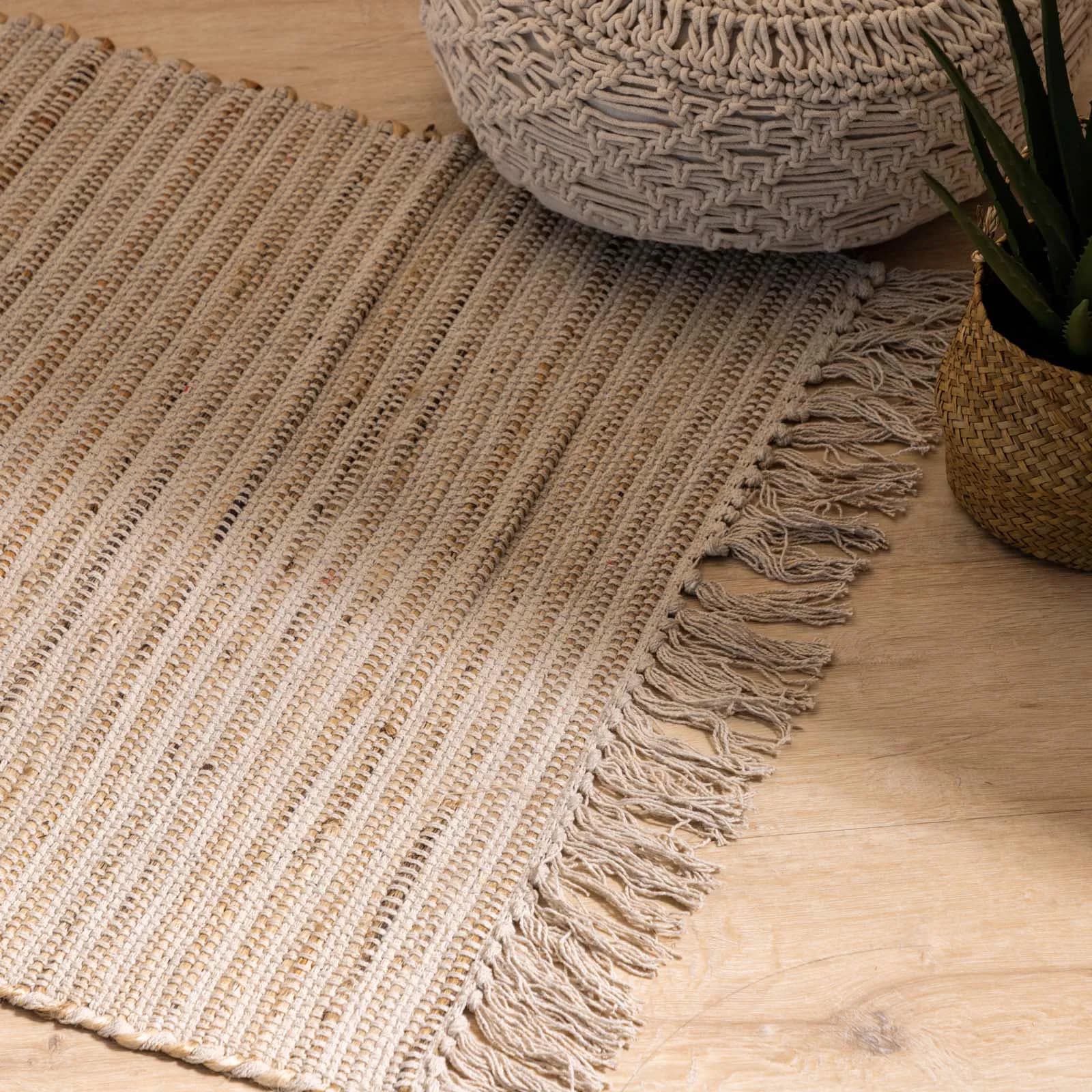 Tappeto 90x60 cm con frange in juta e cotone naturale