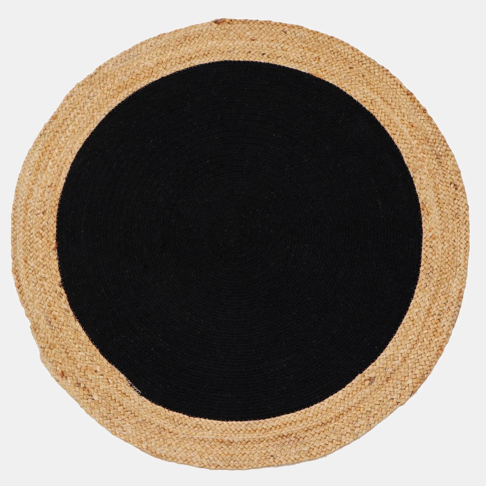Tappeto da esterno o interno rotondo 120 cm in cotone nero con bordi in juta naturale
