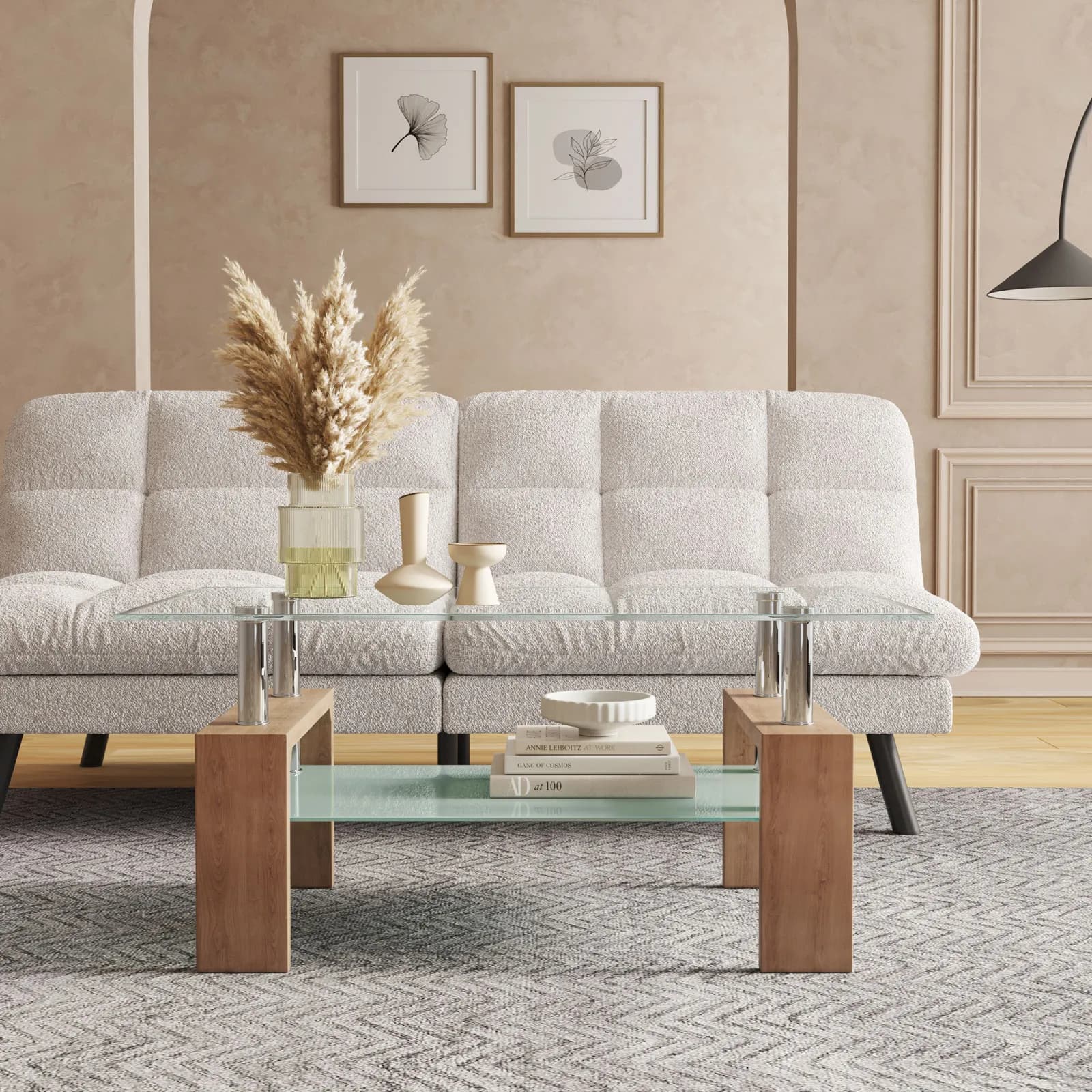 Tavolino 100x45h cm con top e ripiano in vetro e gambe effetto rovere - Terrence