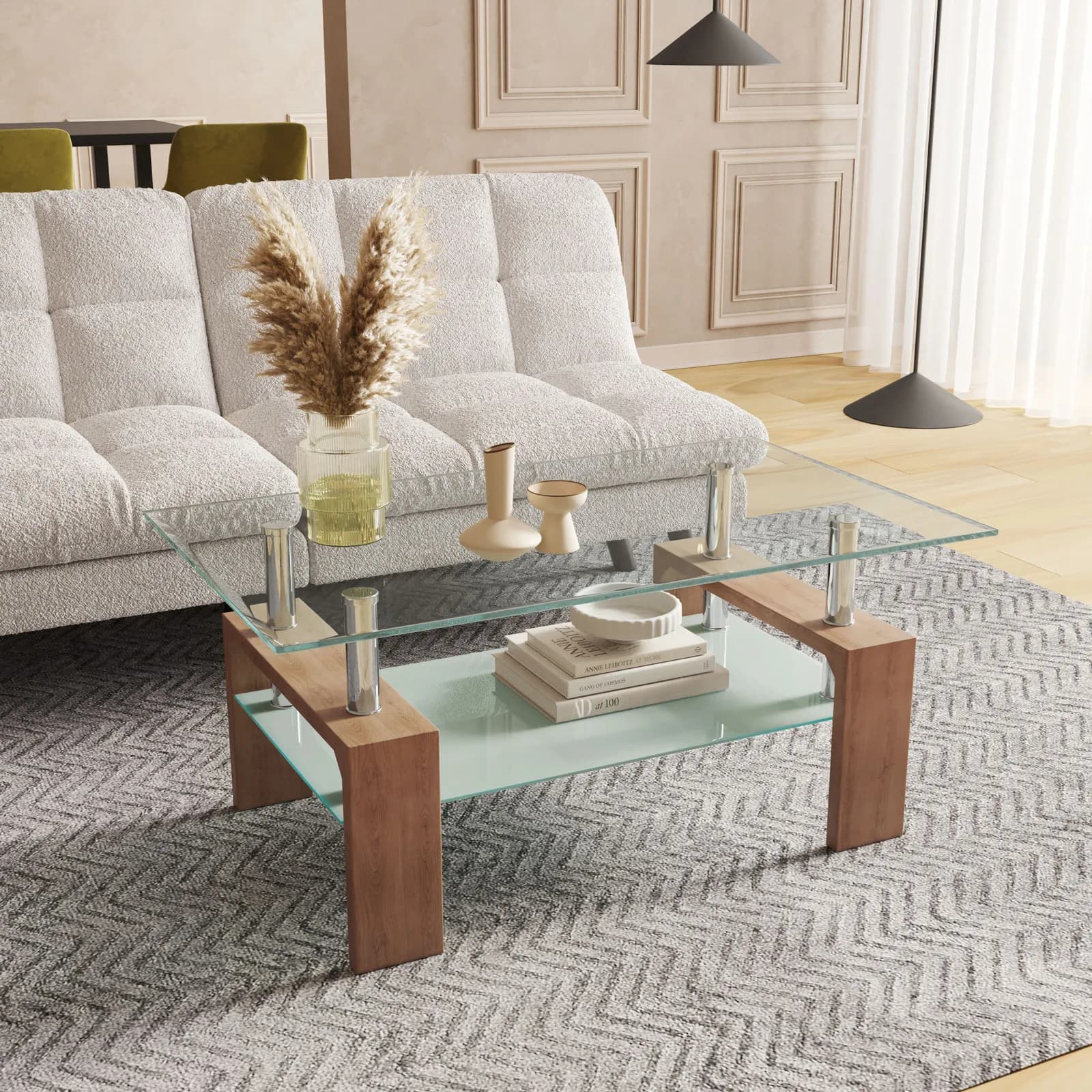 Tavolino 100x45h cm con top e ripiano in vetro e gambe effetto rovere - Terrence