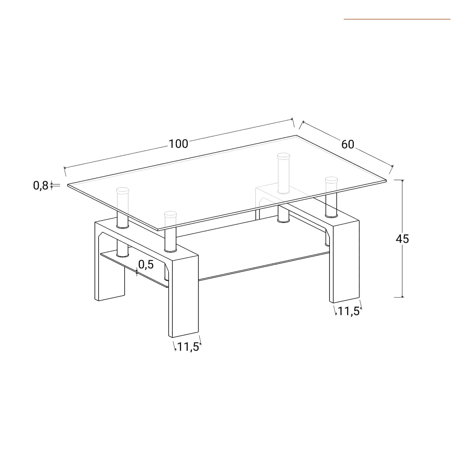 Tavolino 100x45h cm con top e ripiano in vetro e gambe effetto rovere - Terrence