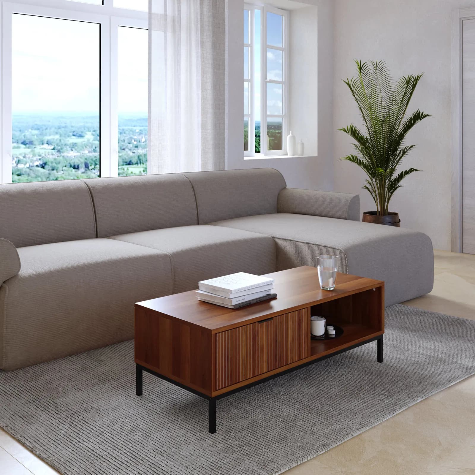 Tavolino 110x40h noce carter cannettato con 1 cassetto e piedi in metallo nero - Acosta