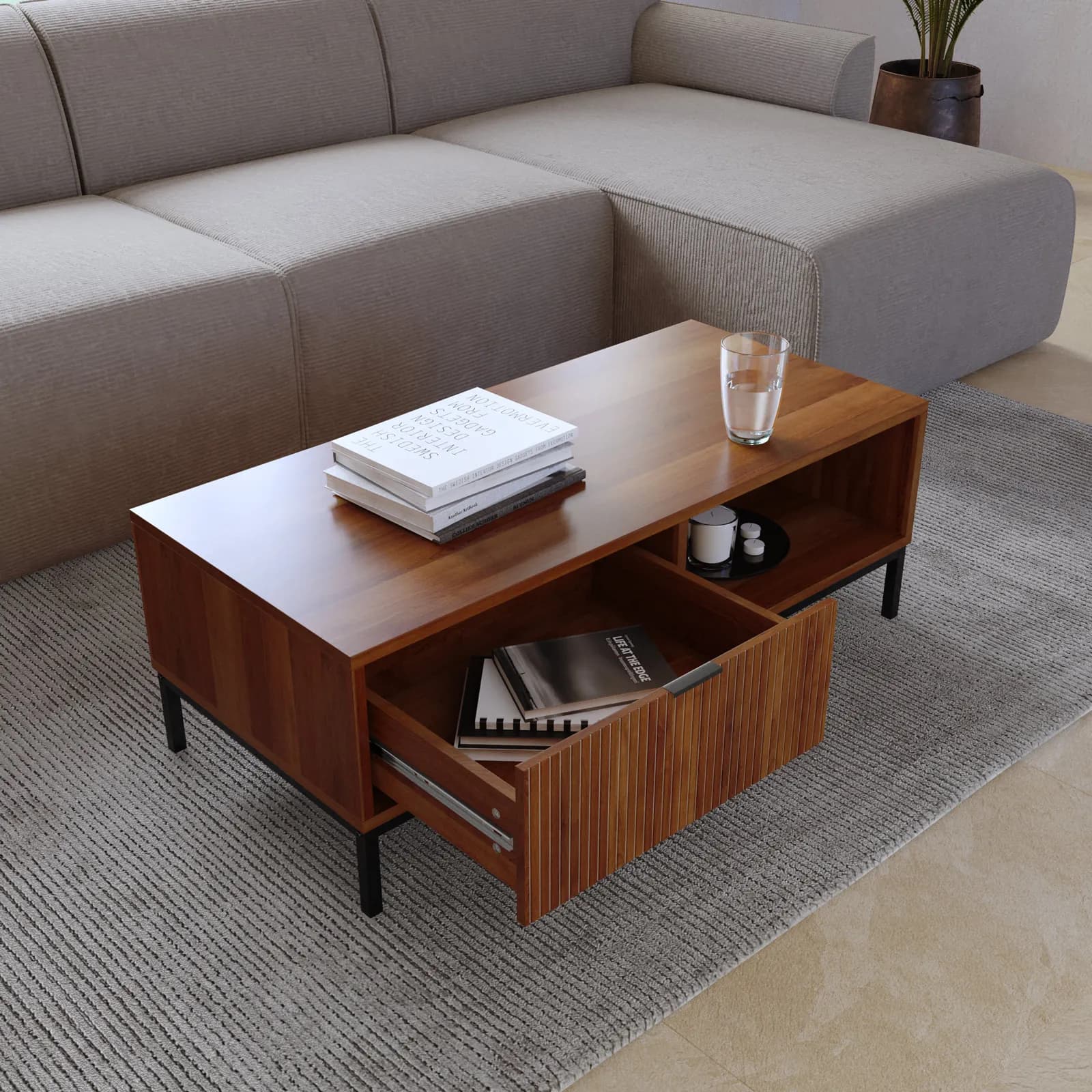 Tavolino 110x40h noce carter cannettato con 1 cassetto e piedi in metallo nero - Acosta