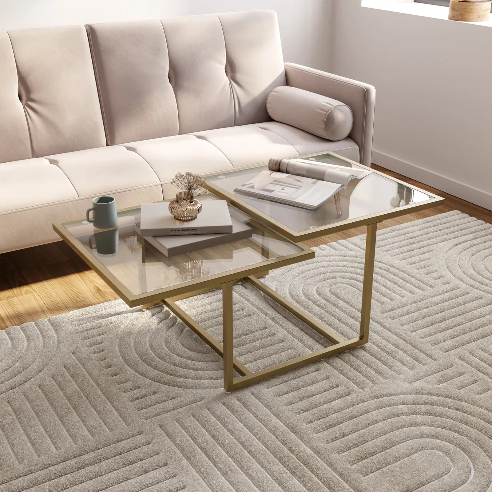 Tavolino 110x59 cm con 2 top in vetro e struttura in metallo finitura oro - Meyer