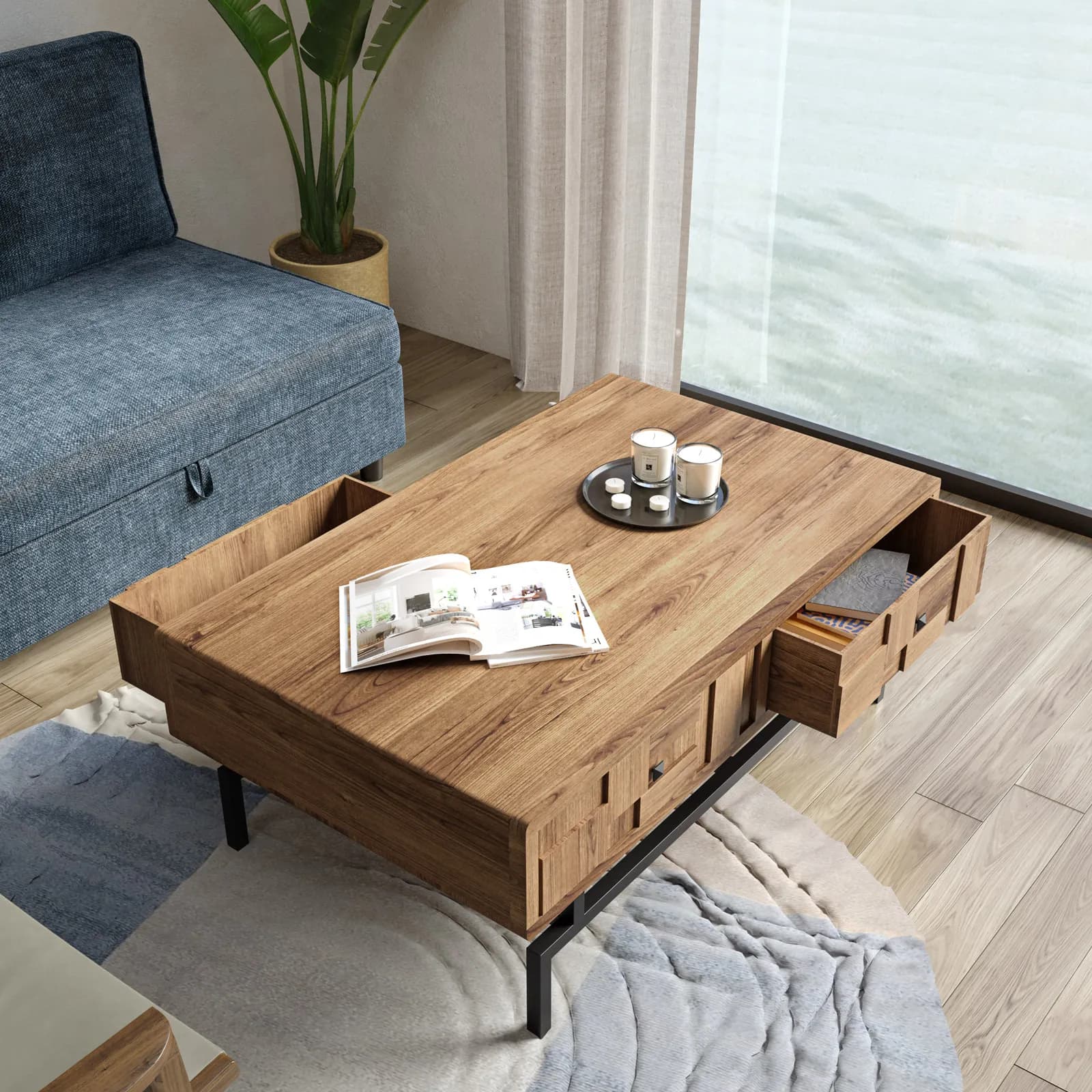 Tavolino 115x70 cm in legno di acacia con struttura in metallo nero e 2 cassetti - Baktu