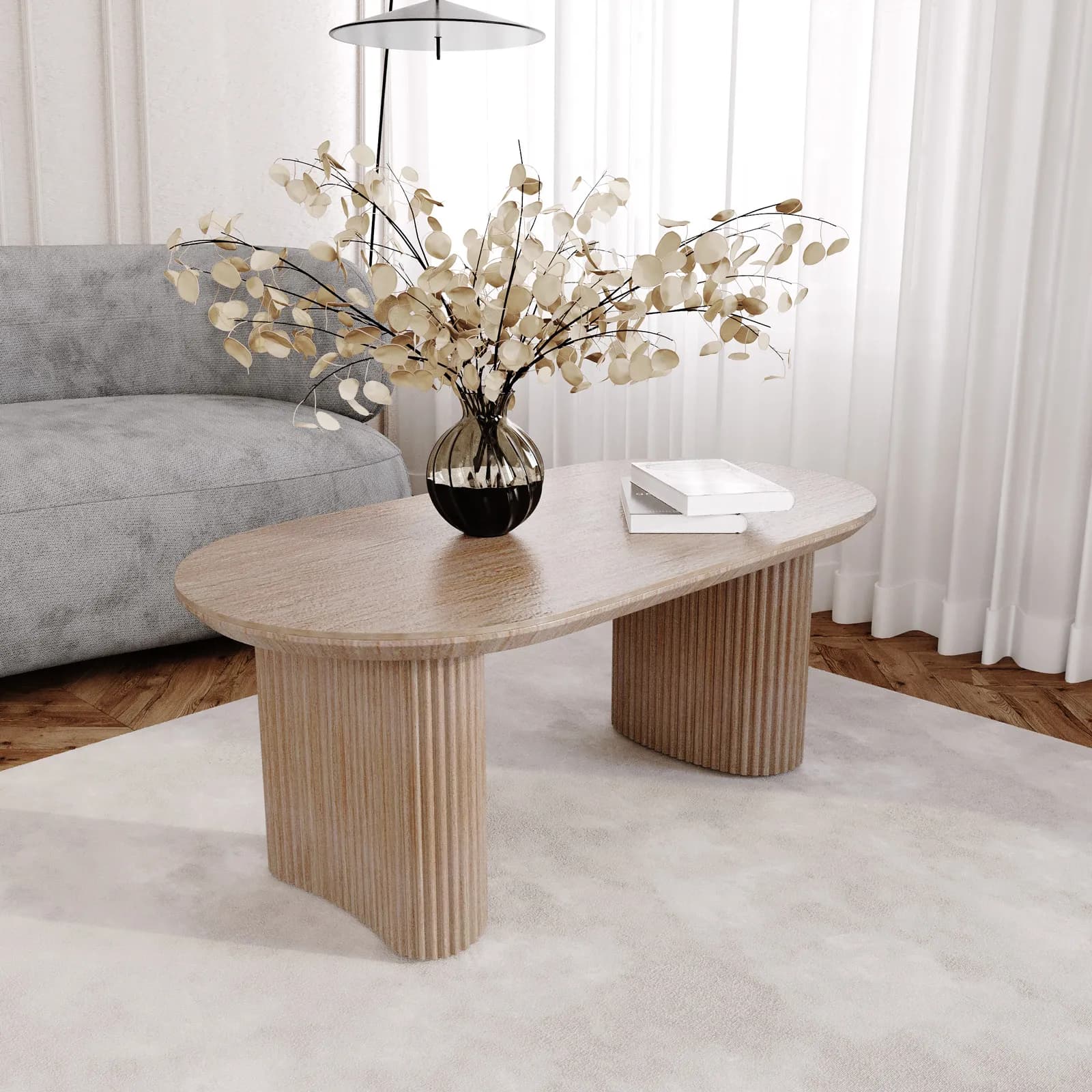 Tavolino 119x60 cm effetto travertino e gambe cannettate - Altum