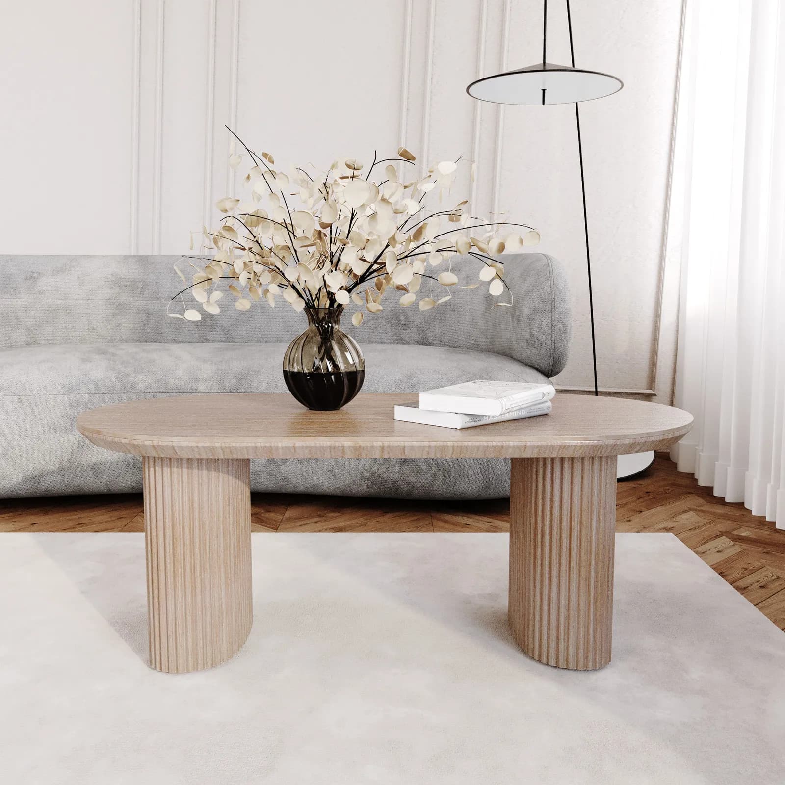 Tavolino 119x60 cm effetto travertino e gambe cannettate - Altum