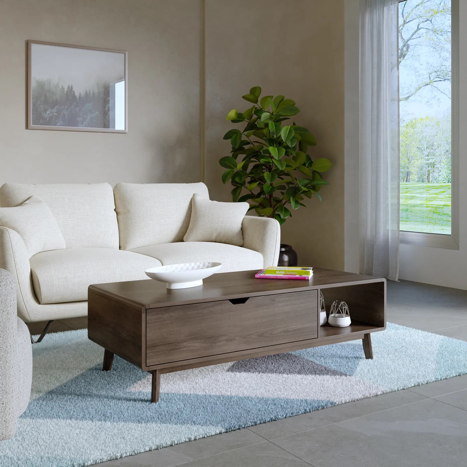 Tavolino 120x38h cm in legno rovere kover con vano a giorno e 1 cassetto - Ember