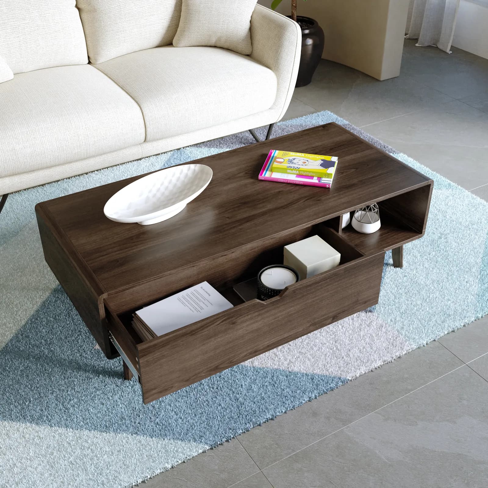 Tavolino 120x38h cm in legno rovere kover con vano a giorno e 1 cassetto - Ember