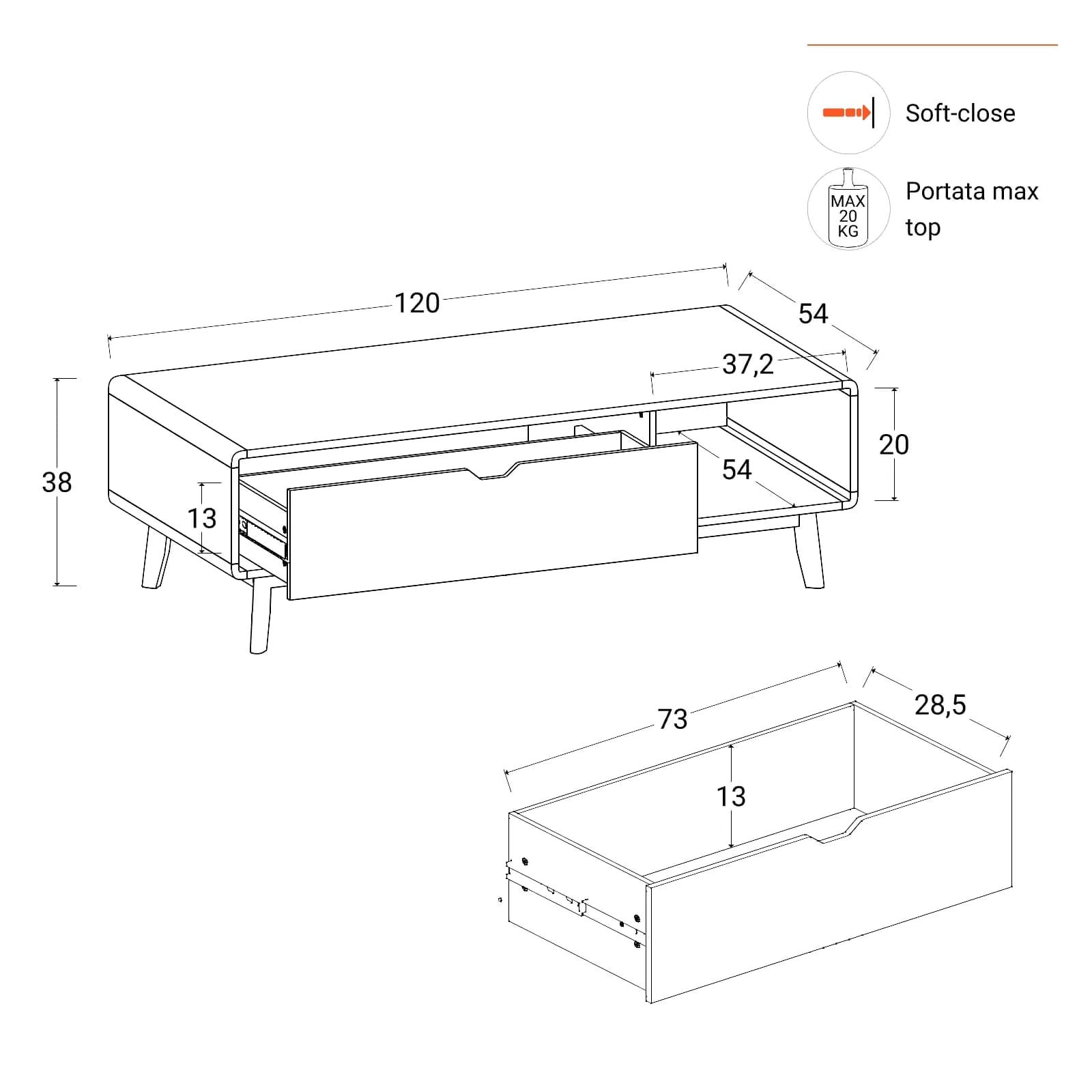 Tavolino 120x38h cm in legno rovere kover con vano a giorno e 1 cassetto - Ember