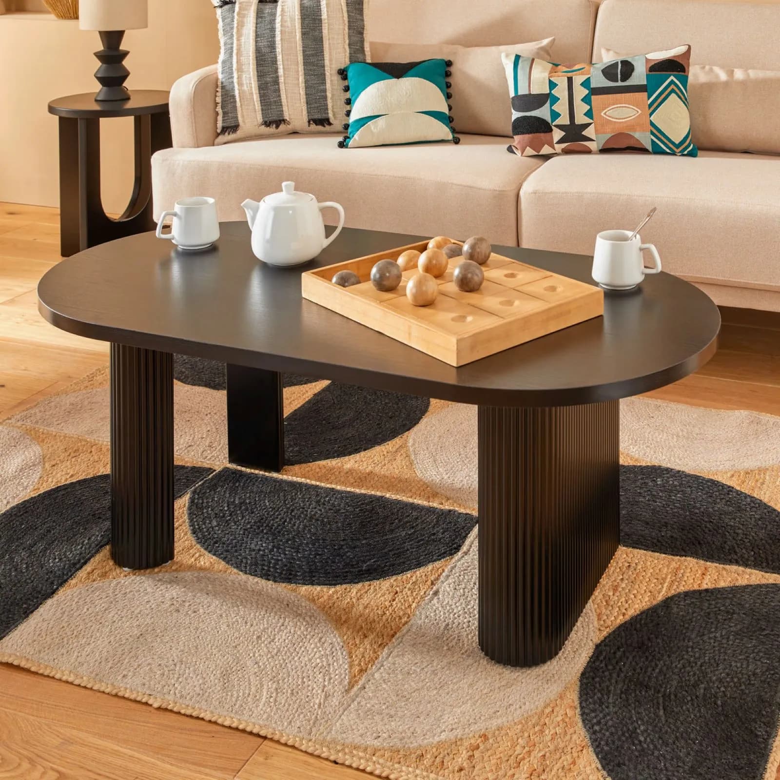 Tavolino 120x45h cm effetto legno nero e gambe cannettate - Kawah