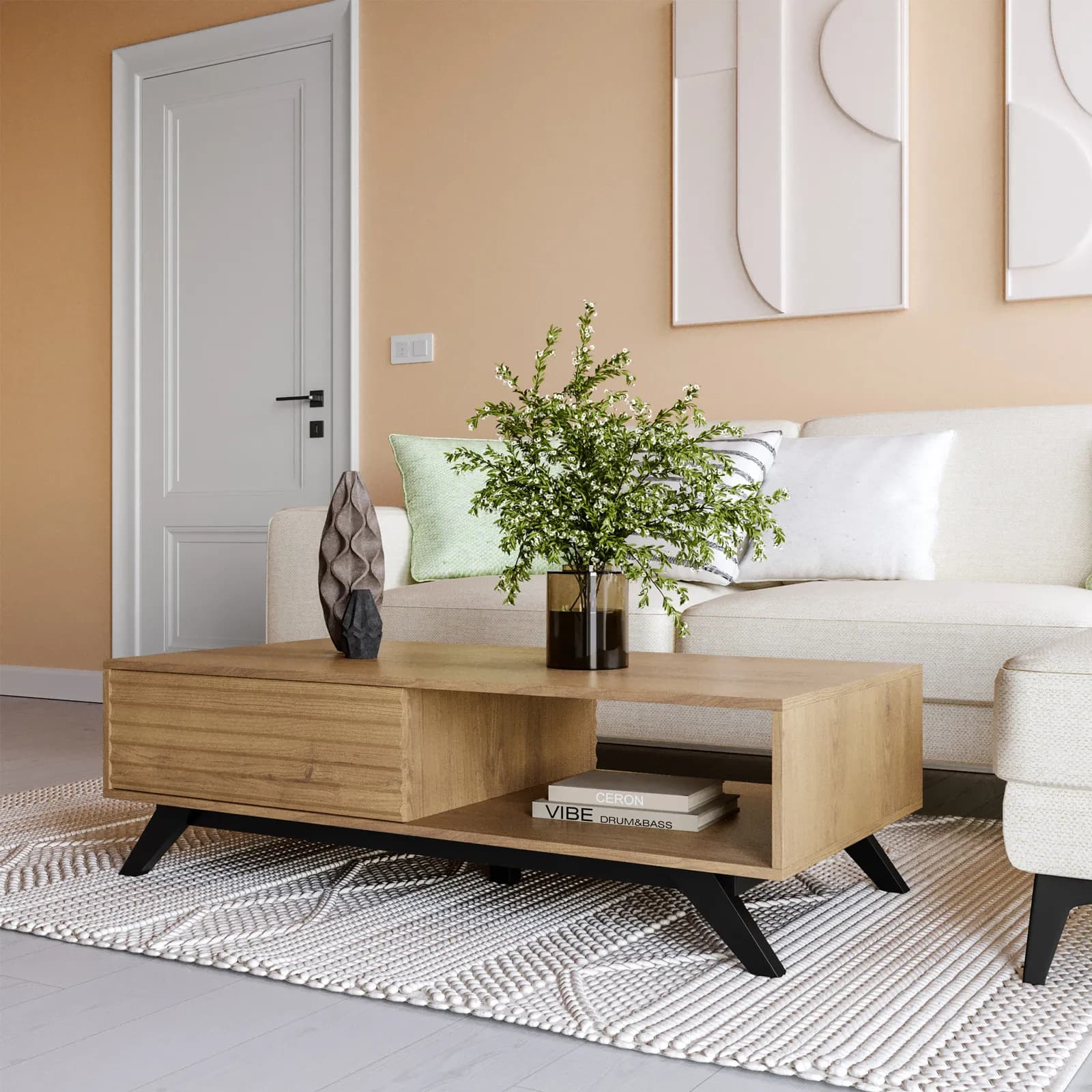 Tavolino 120x60 cm in legno rovere horizon con ante reversibili cannettate - Unity