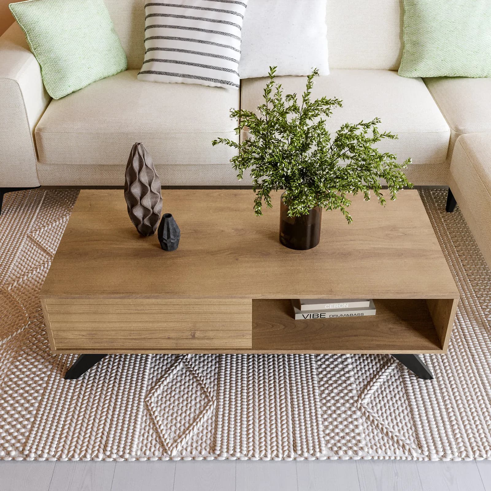 Tavolino 120x60 cm in legno rovere horizon con ante reversibili cannettate - Unity