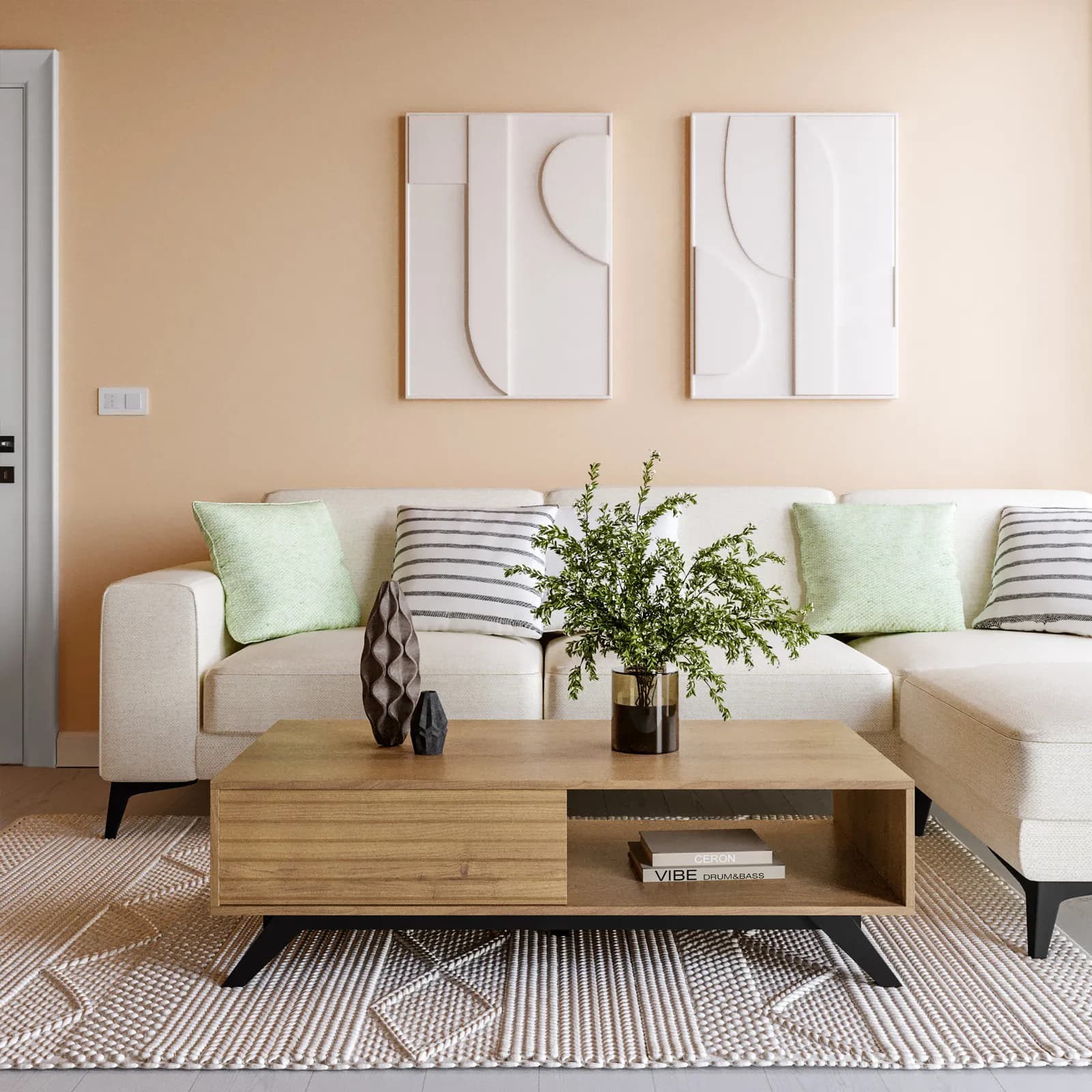 Tavolino 120x60 cm in legno rovere horizon con ante reversibili cannettate - Unity
