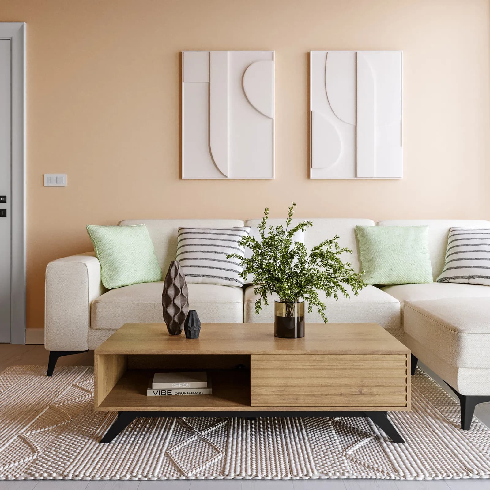 Tavolino 120x60 cm in legno rovere horizon con ante reversibili cannettate - Unity