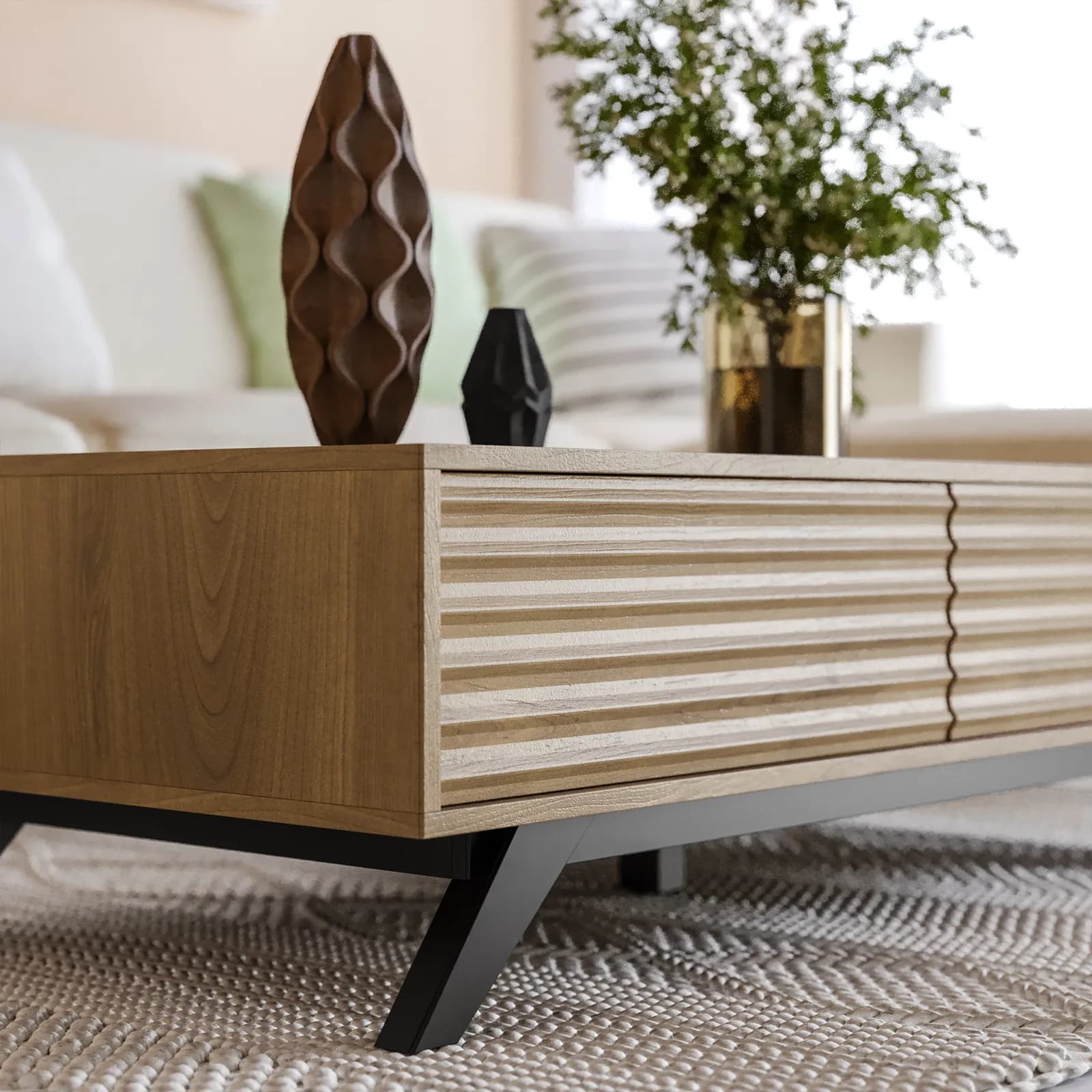 Tavolino 120x60 cm in legno rovere horizon con ante reversibili cannettate - Unity