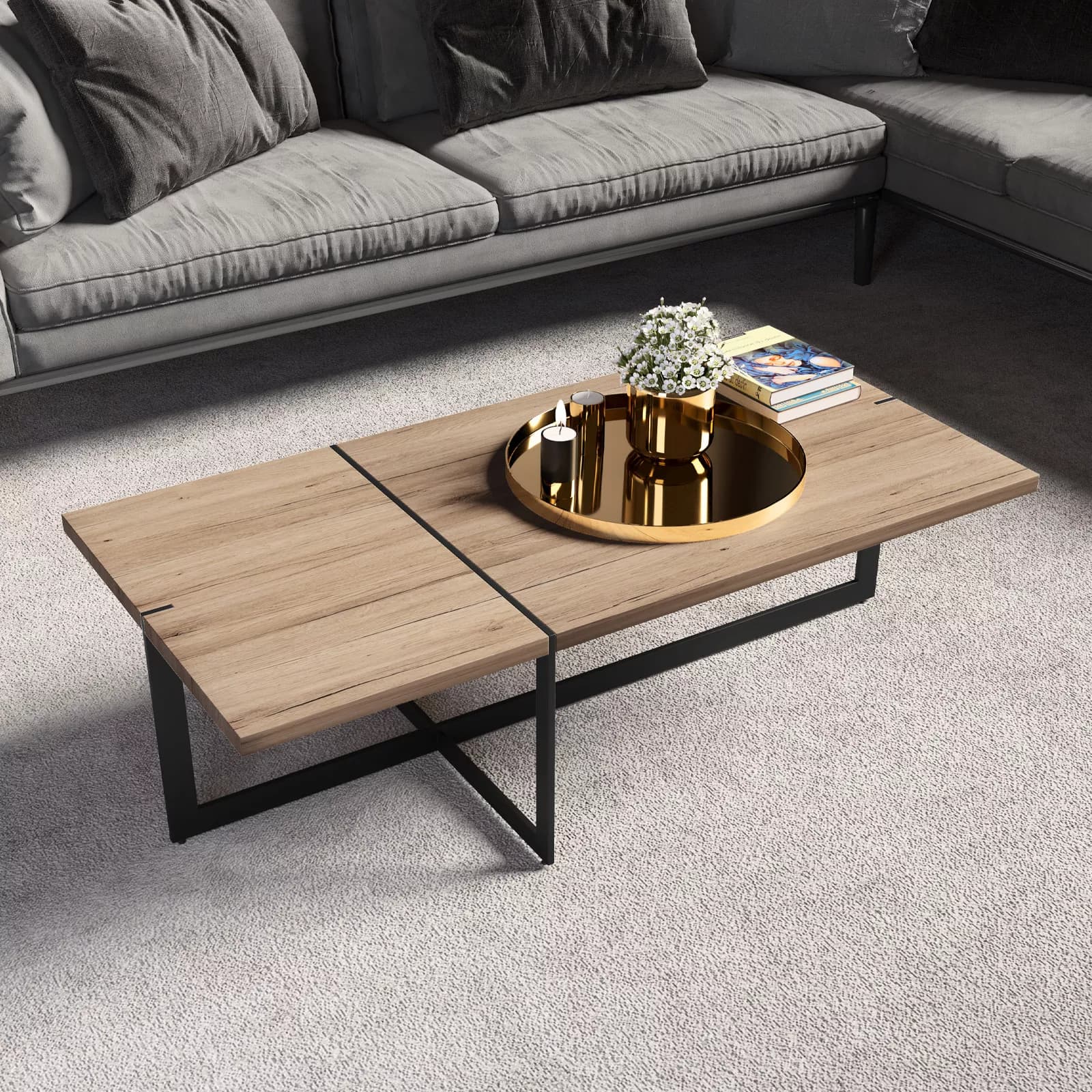 Tavolino 120x60 cm top rovere e gambe in metallo nere - Morfeo