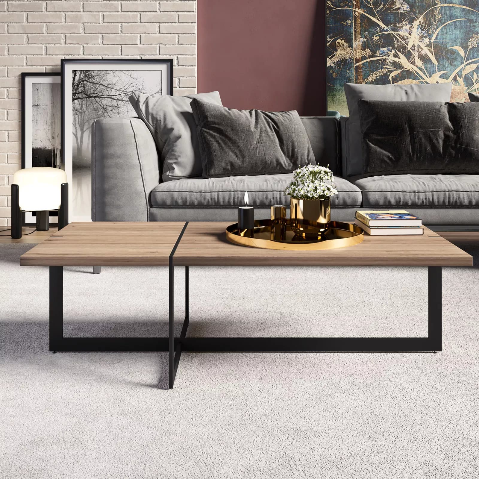 Tavolino 120x60 cm top rovere e gambe in metallo nere - Morfeo