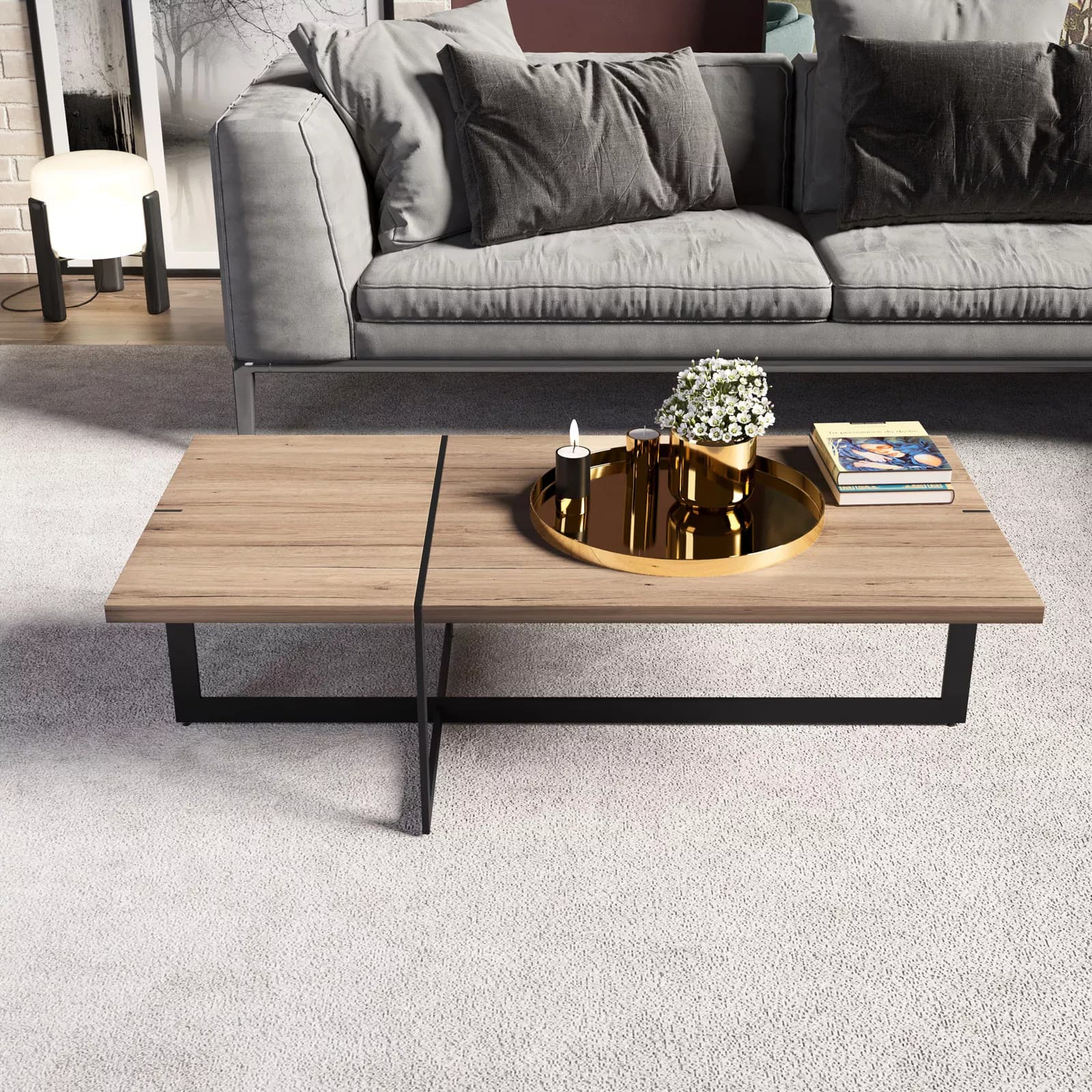 Tavolino 120x60 cm top rovere e gambe in metallo nere - Morfeo