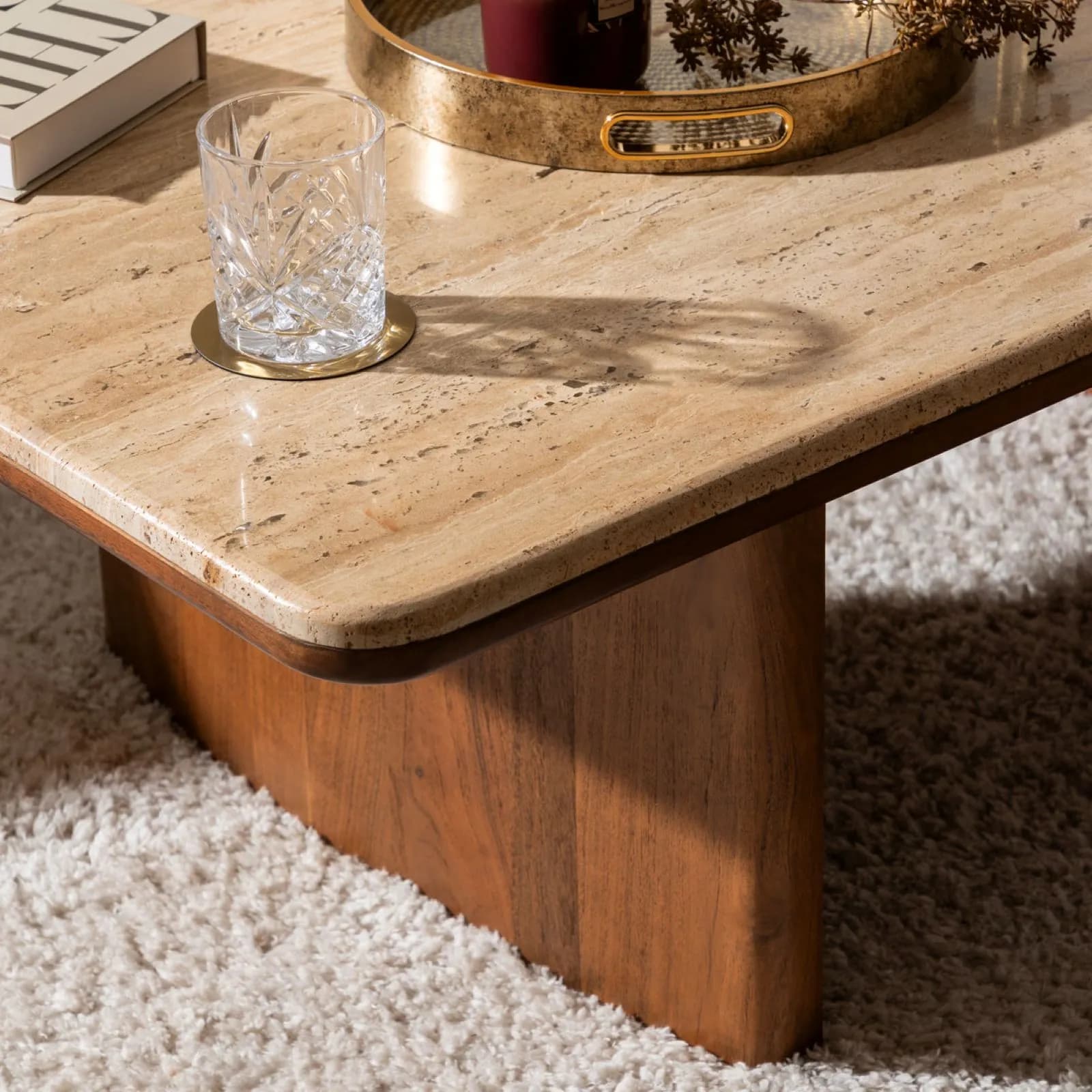 Tavolino 120x70 cm in legno di acacia con top in marmo travertino - Jelena