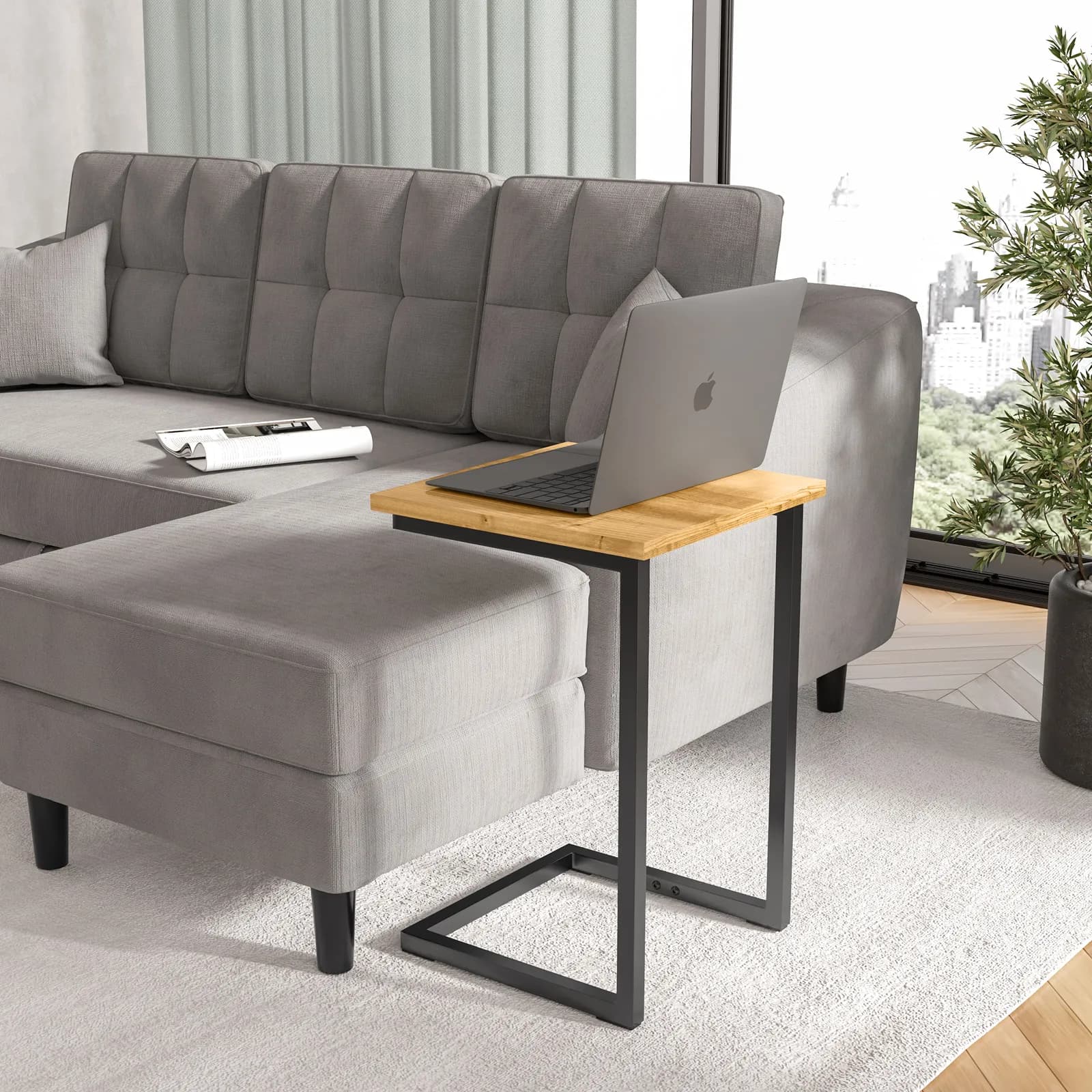 Tavolino 40x40 cm con top rovere e struttura in metallo nero - Rayne