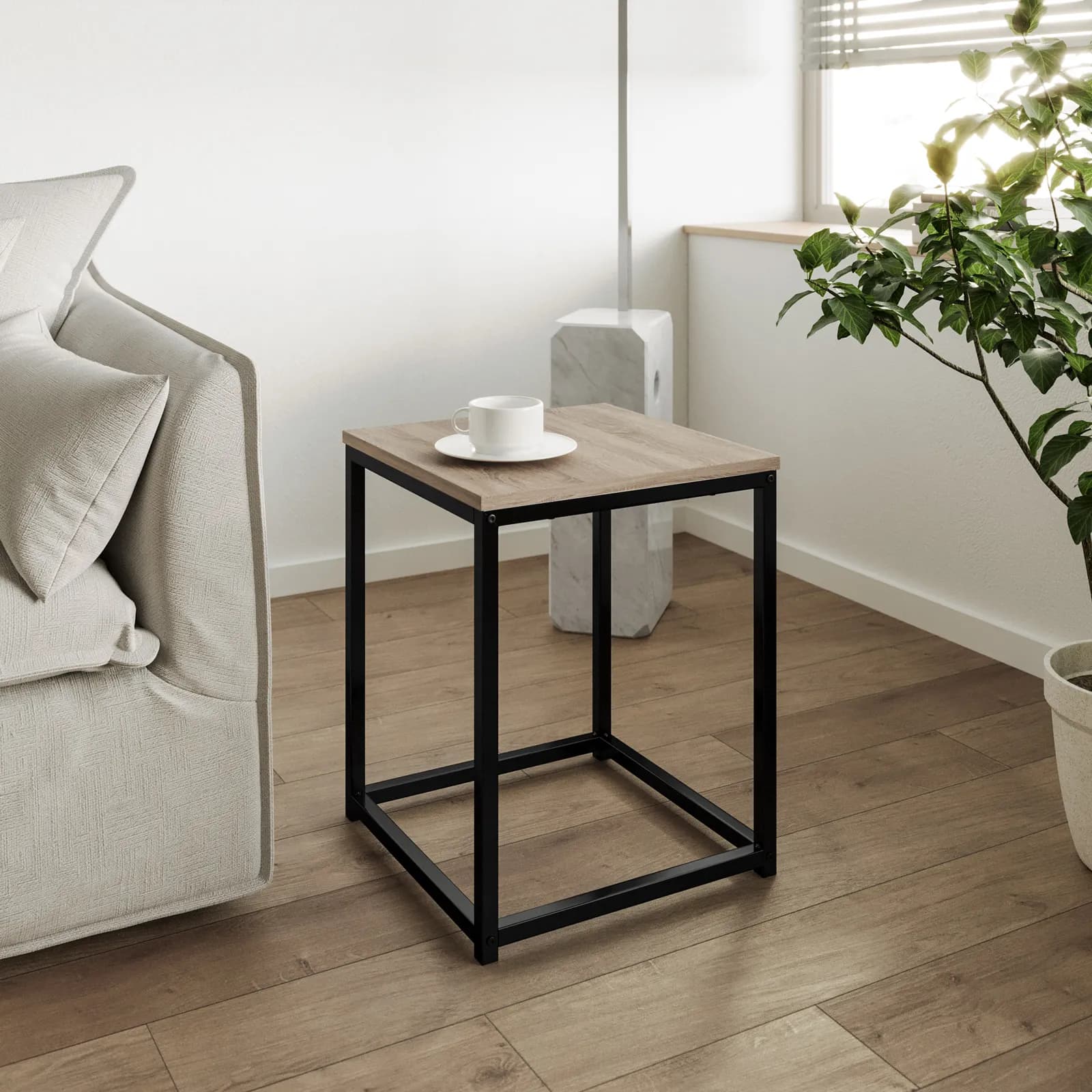 Tavolino 40x40 cm effetto rovere selvatico e struttura in acciaio nero - Broderick