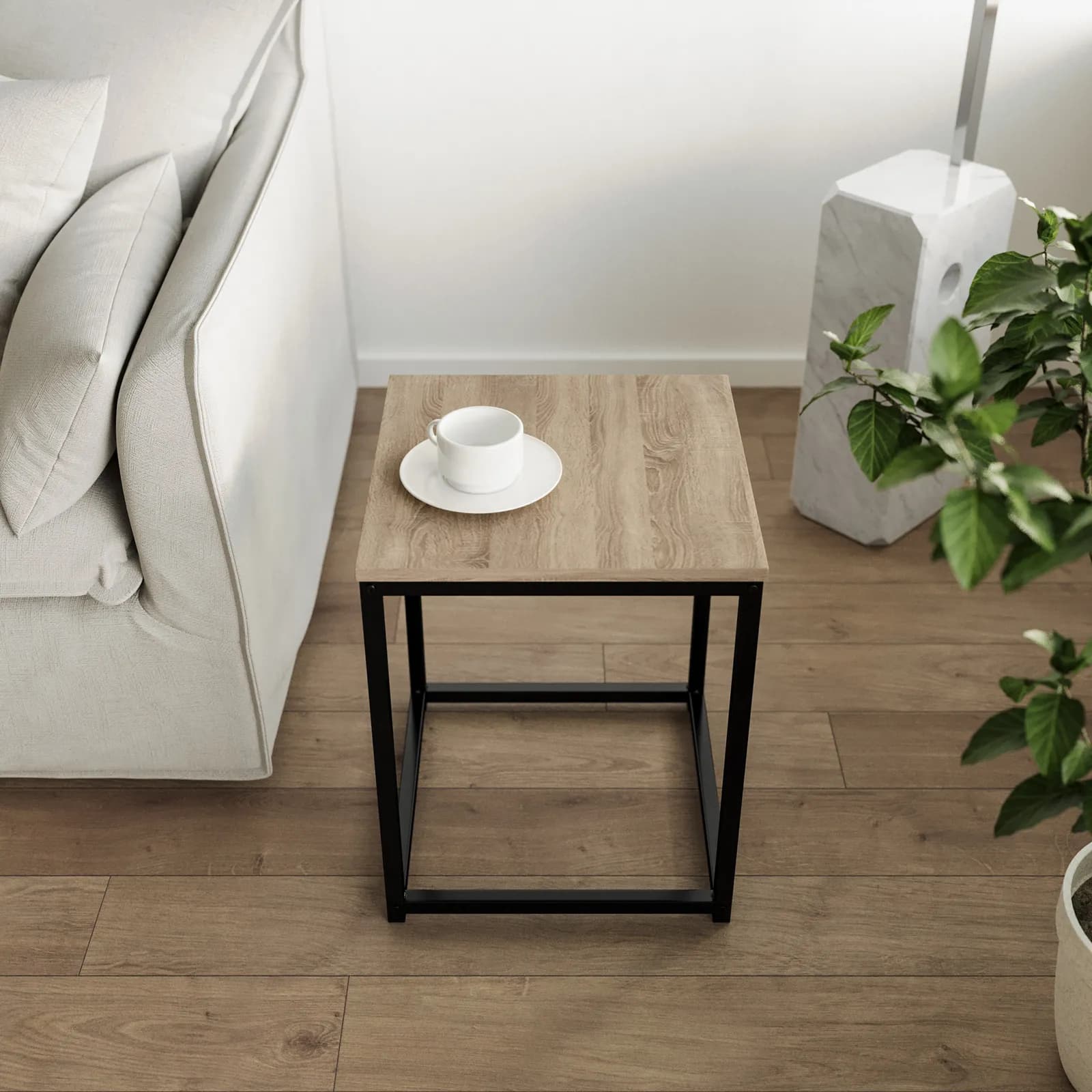 Tavolino 40x40 cm effetto rovere selvatico e struttura in acciaio nero - Broderick
