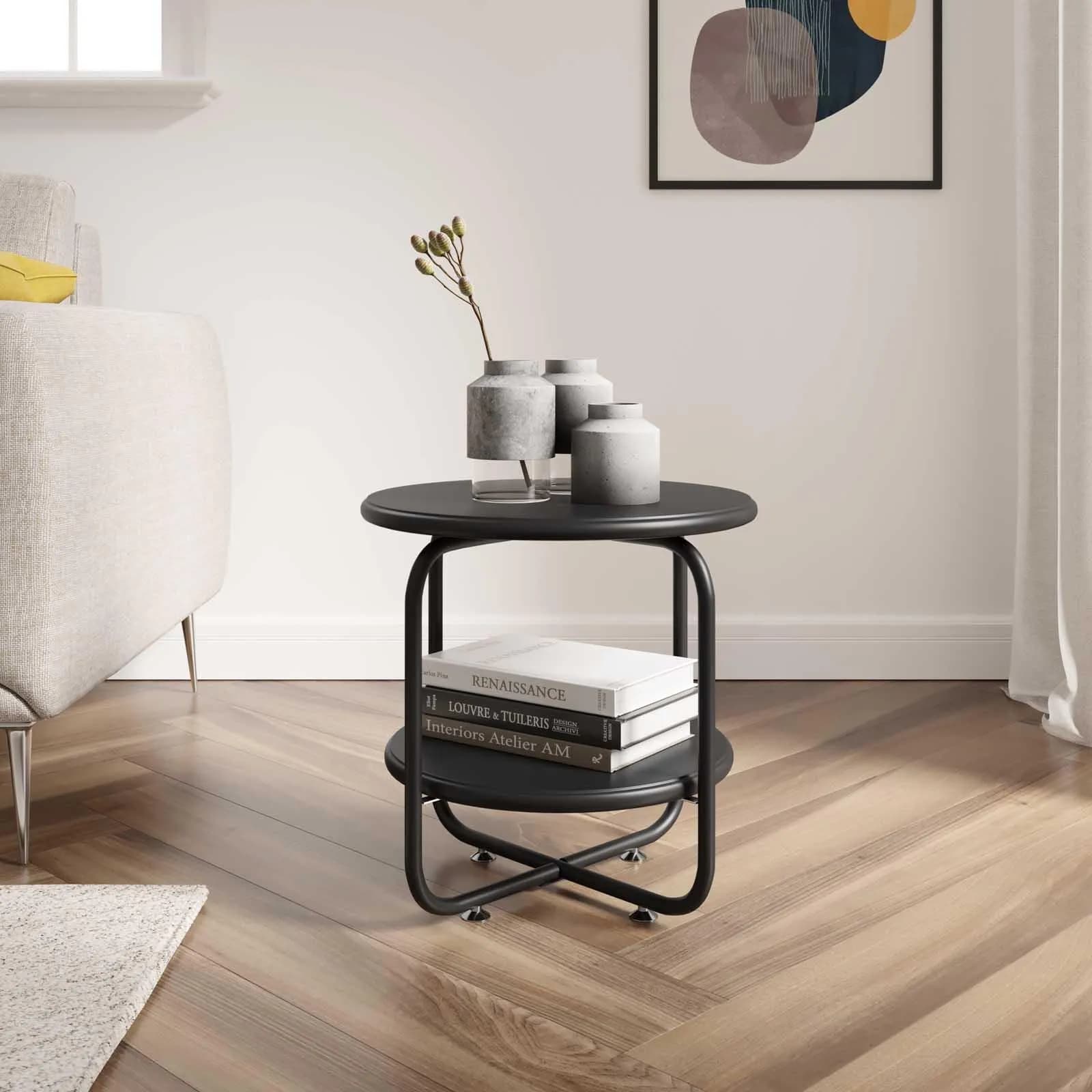 Tavolino rotondo 45 cm in metallo nero con piano contenitore - Snoop