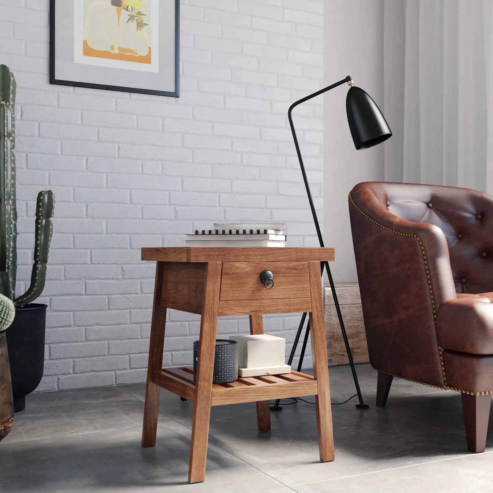 Tavolino 44x39 cm in legno di acacia con cassetto - Freia Acacia