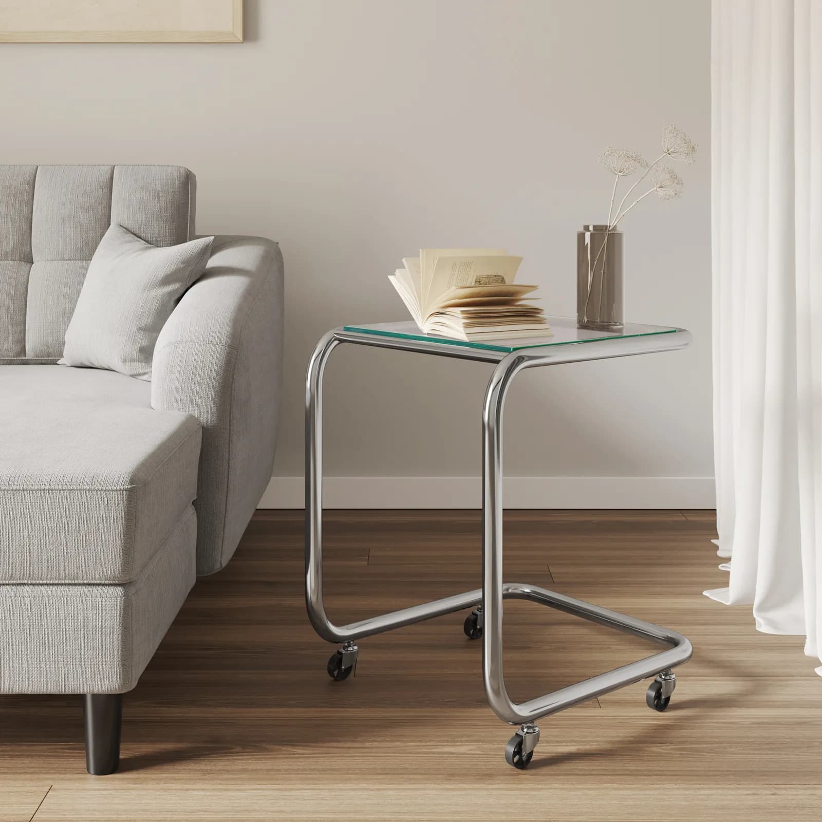 Tavolino 50x46 cm con top in vetro e struttura in metallo cromo con ruote - Brim