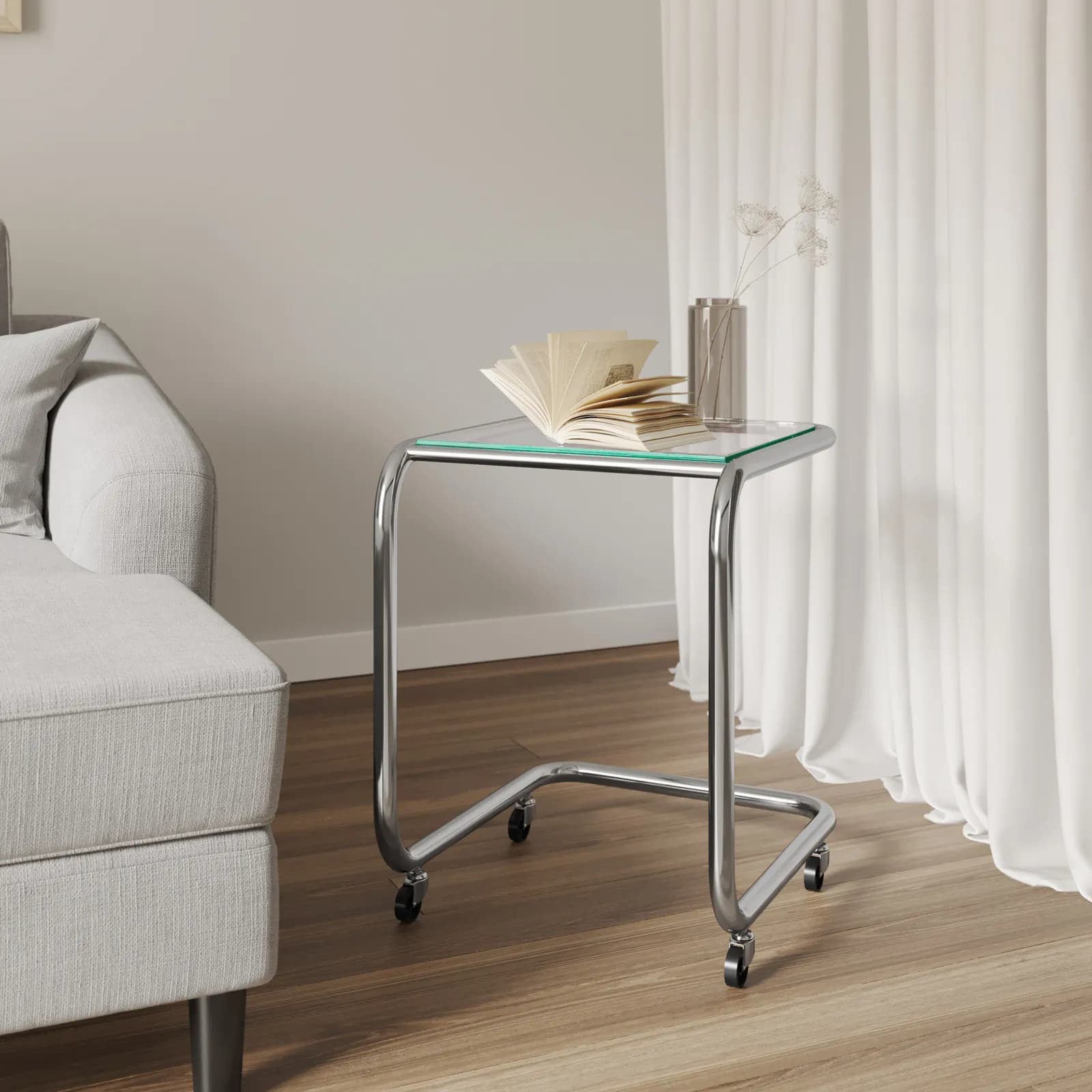 Tavolino 50x46 cm con top in vetro e struttura in metallo cromo con ruote - Brim