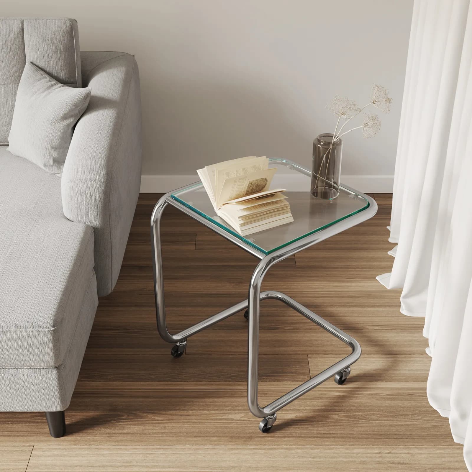 Tavolino 50x46 cm con top in vetro e struttura in metallo cromo con ruote - Brim