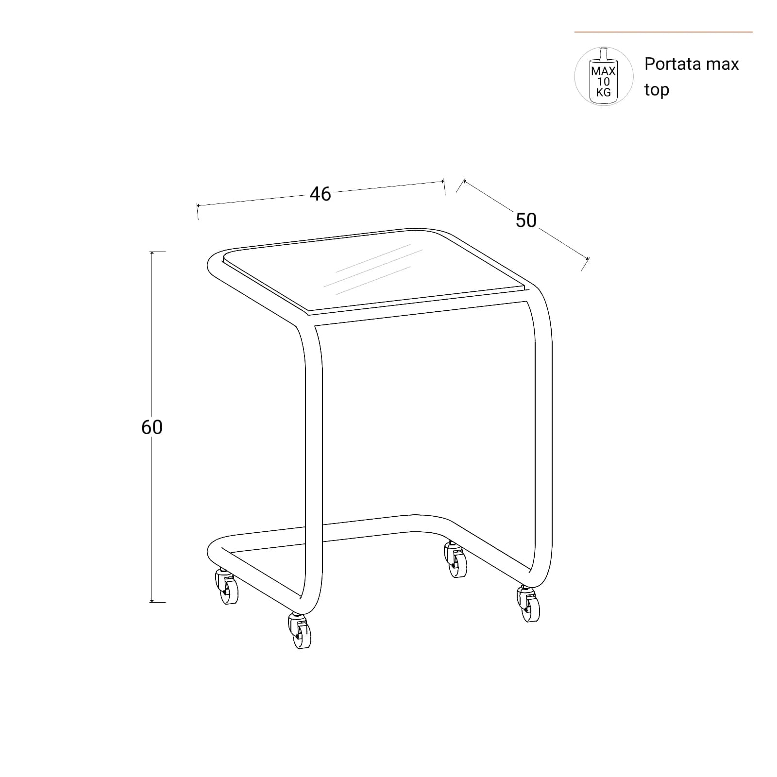 Tavolino 50x46 cm con top in vetro e struttura in metallo cromo con ruote - Brim