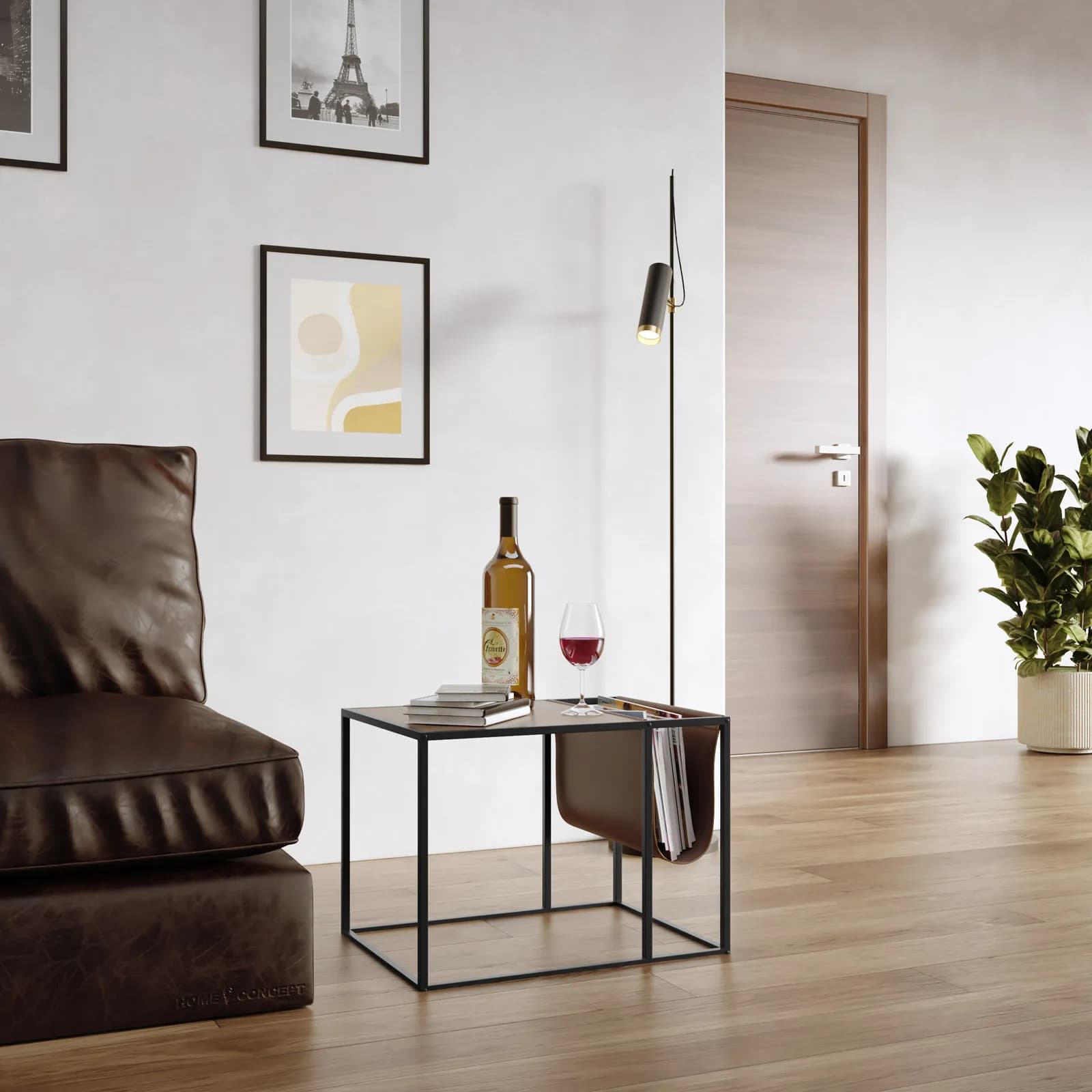 Tavolino 55x41 cm in legno noce e struttura in metallo nero con portariviste in similpelle cacao - Cellar