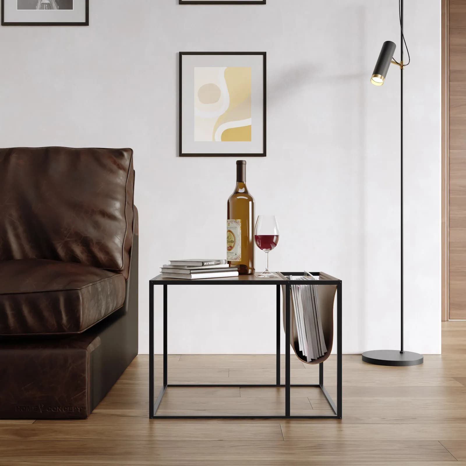 Tavolino 55x41 cm in legno noce e struttura in metallo nero con portariviste in similpelle cacao - Cellar