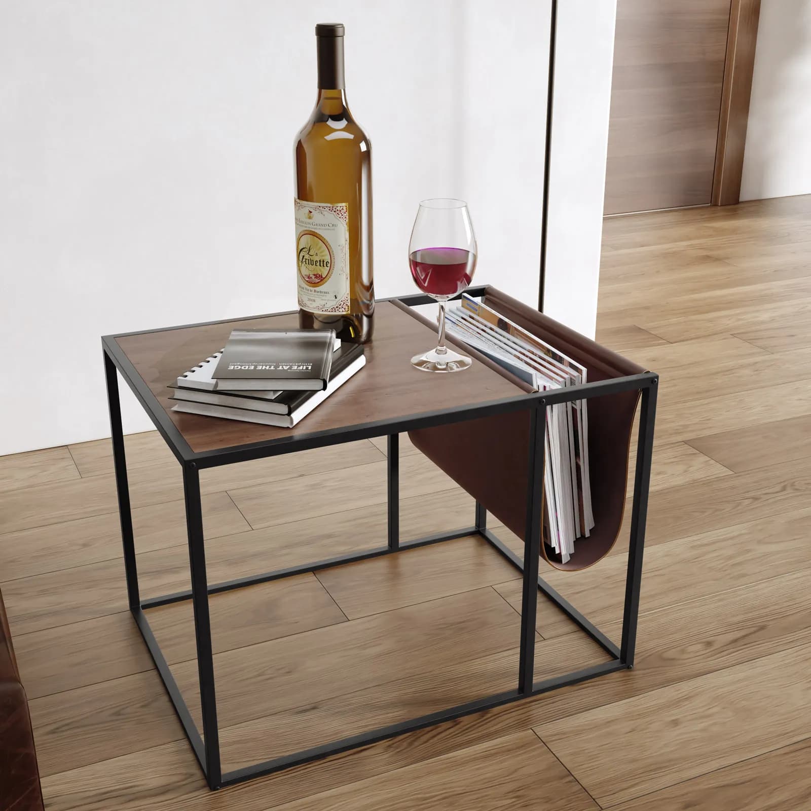 Tavolino 55x41 cm in legno noce e struttura in metallo nero con portariviste in similpelle cacao - Cellar