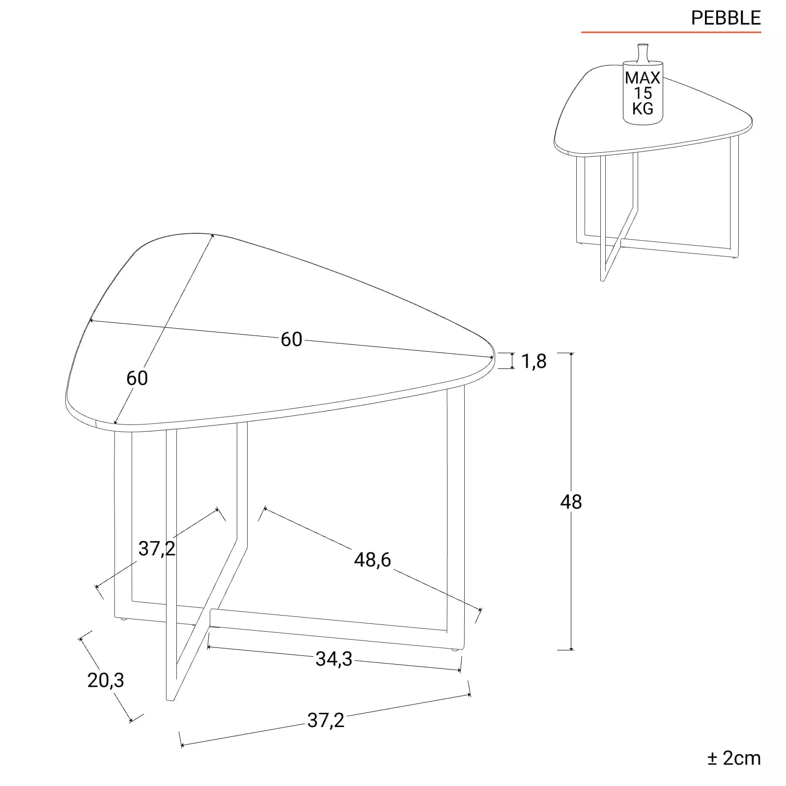 Tavolino triangolare 60x48h cm top in legno color castagno e gambe nere - Pebble
