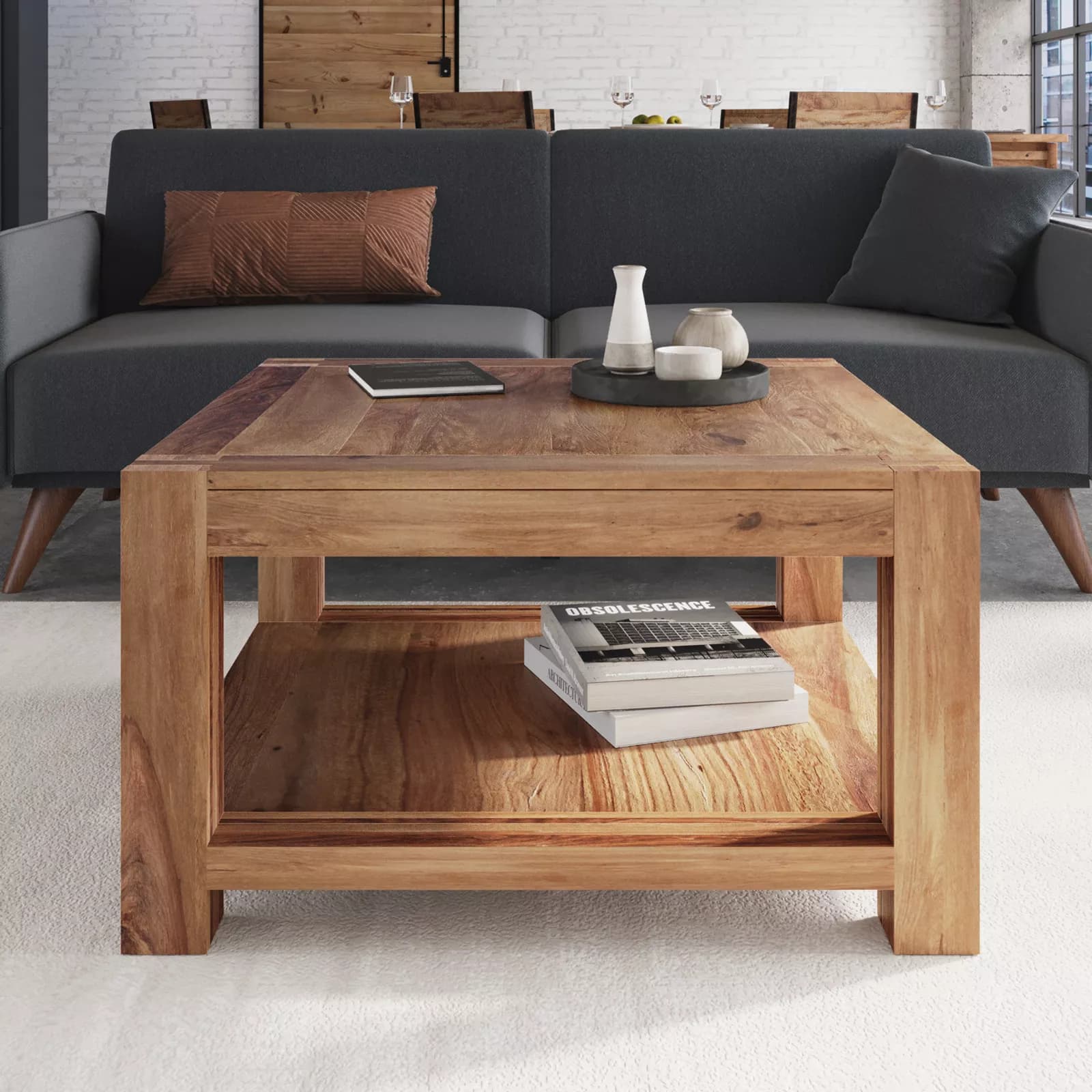 Tavolino 80 cm in legno con ripiano - Freia Sheesham